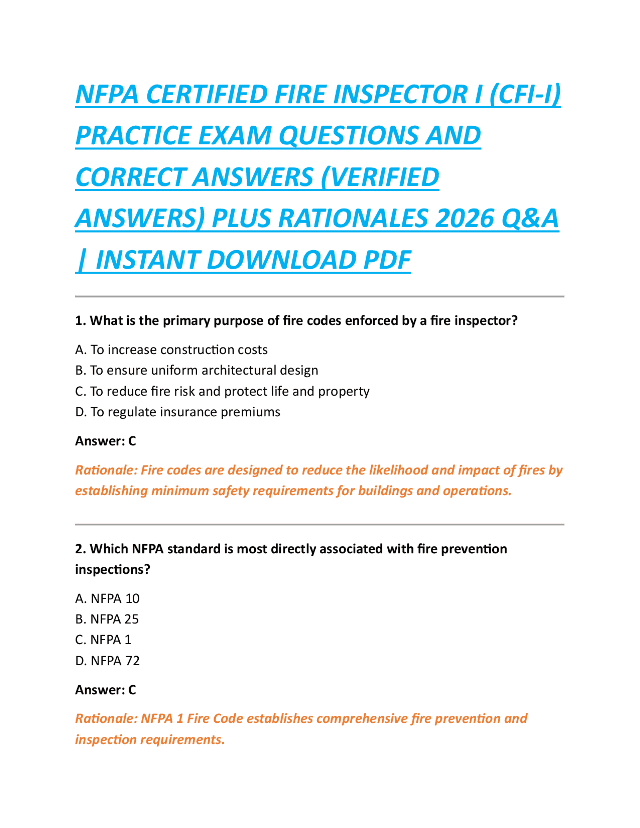 NFPA CERTIFIED FIRE INSPECTOR I (CFI-I) PRACTICE EXAM QUESTIONS AND CORRECT ANSWERS | Exams ...