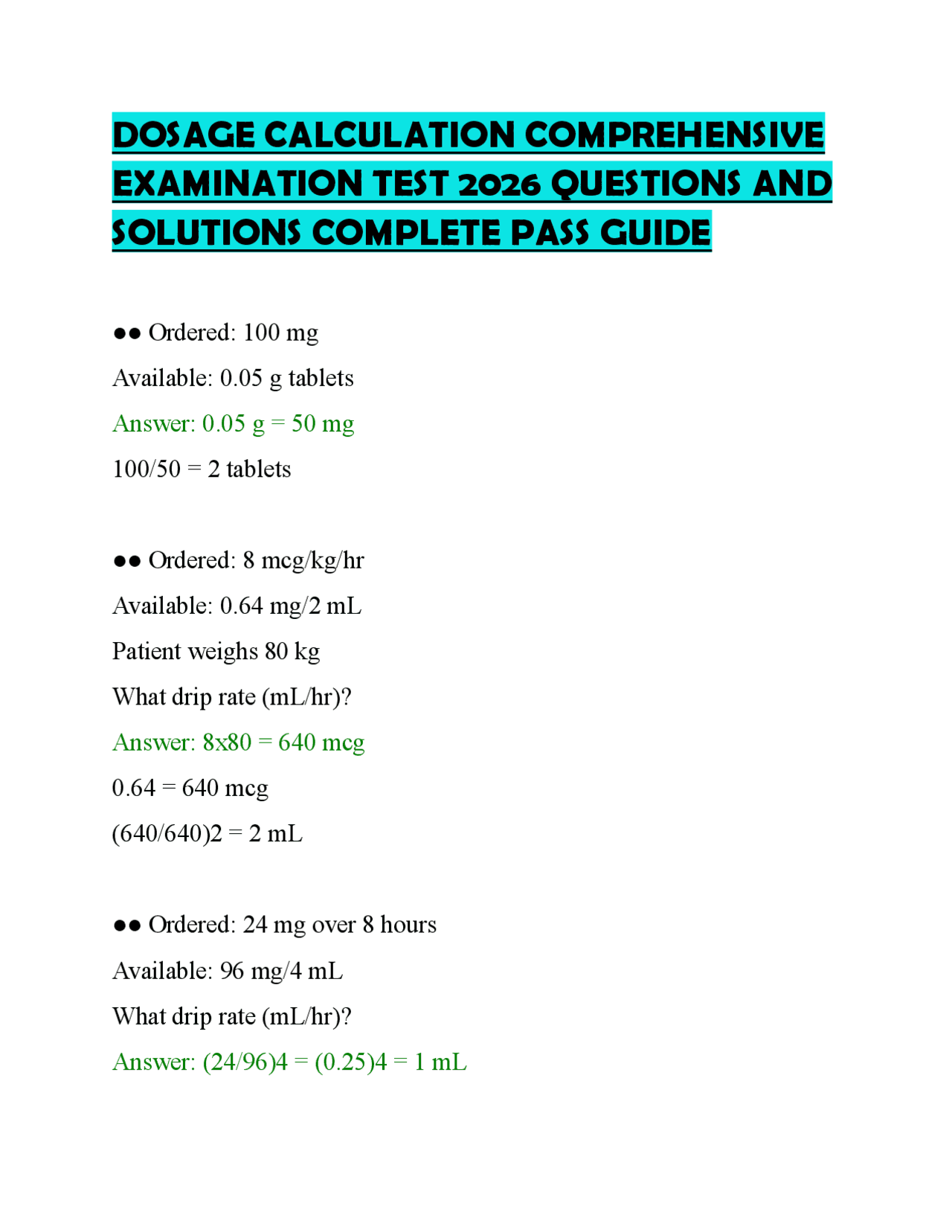 DOSAGE CALCULATION COMPREHENSIVE EXAMINATION TEST 2026 QUESTIONS AND ...