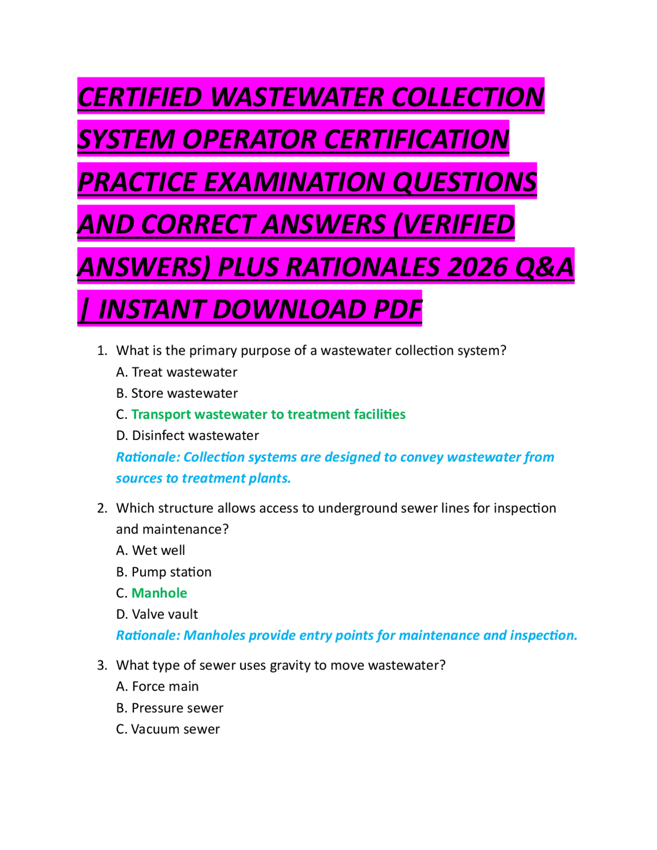 Collection System Operator CERTIFIED WASTEWATER COLLECTION SYSTEM OPERATOR CERTIFICATION PRACTICE ...