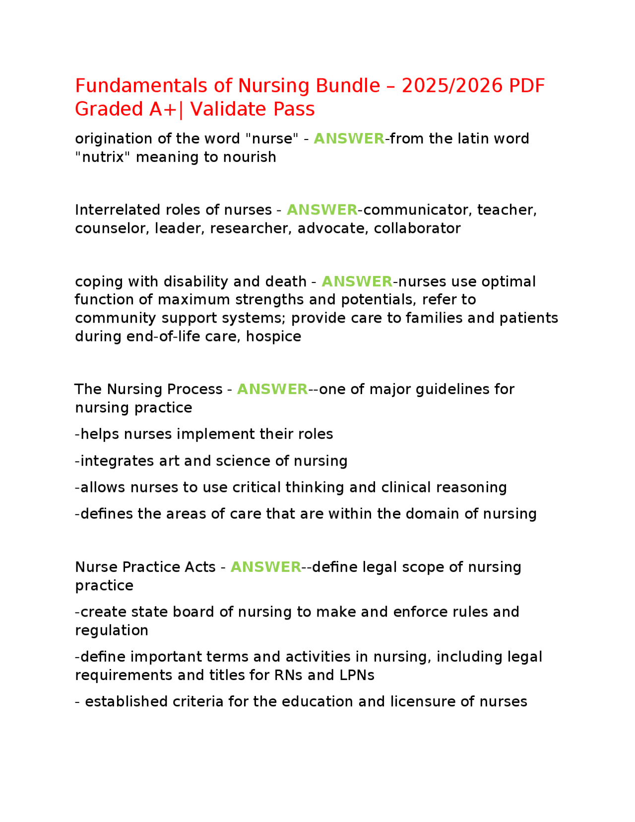 Fundamentals of Nursing Bundle – 2025/2026 PDF Graded A+| Validate Pass ...