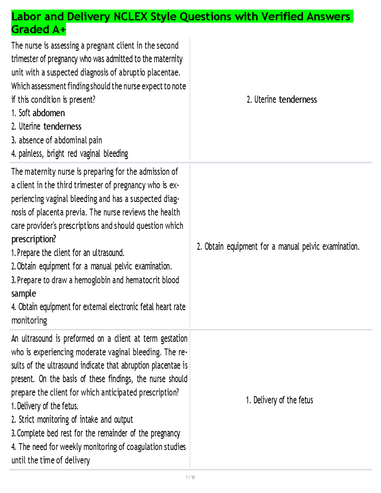 Labor and Delivery NCLEX Style Questions with Verified Answers Graded ...
