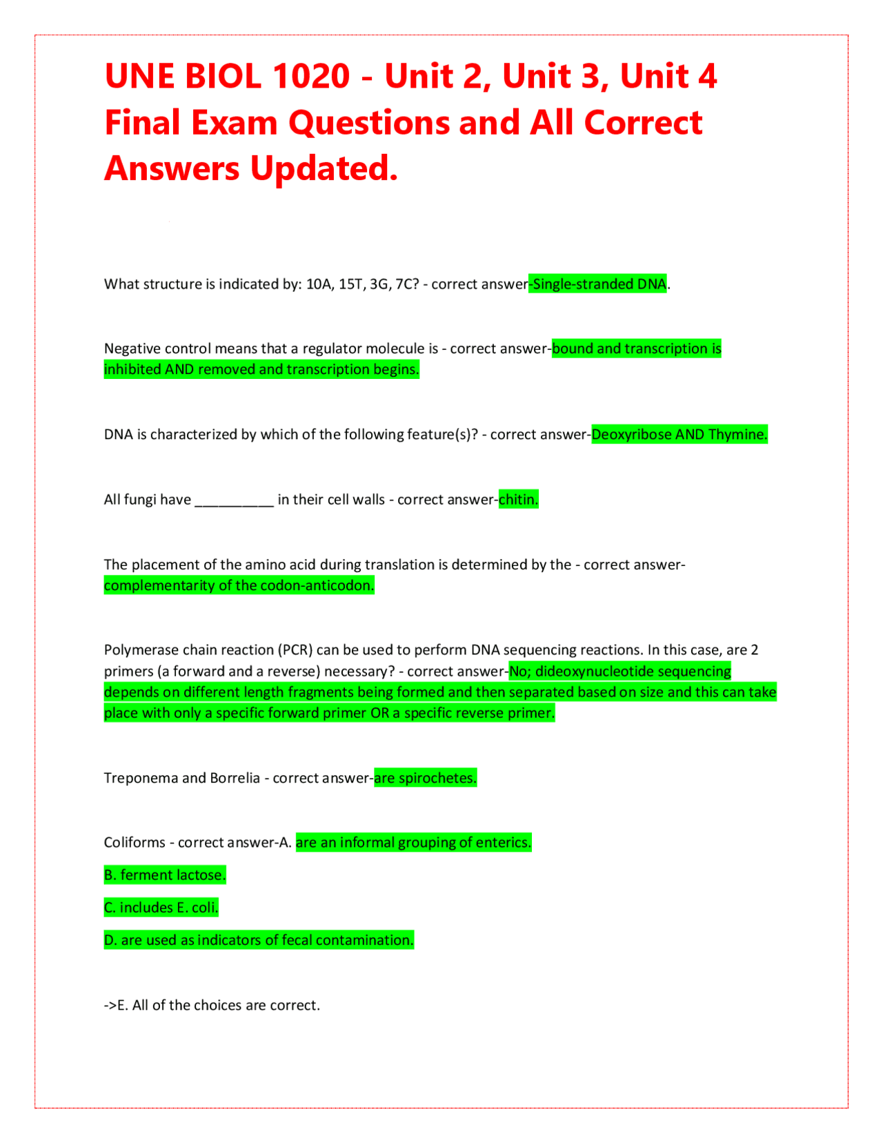 UNE BIOL 1020 - Unit 2, Unit 3, Unit 4 Final Exam Questions and All ...