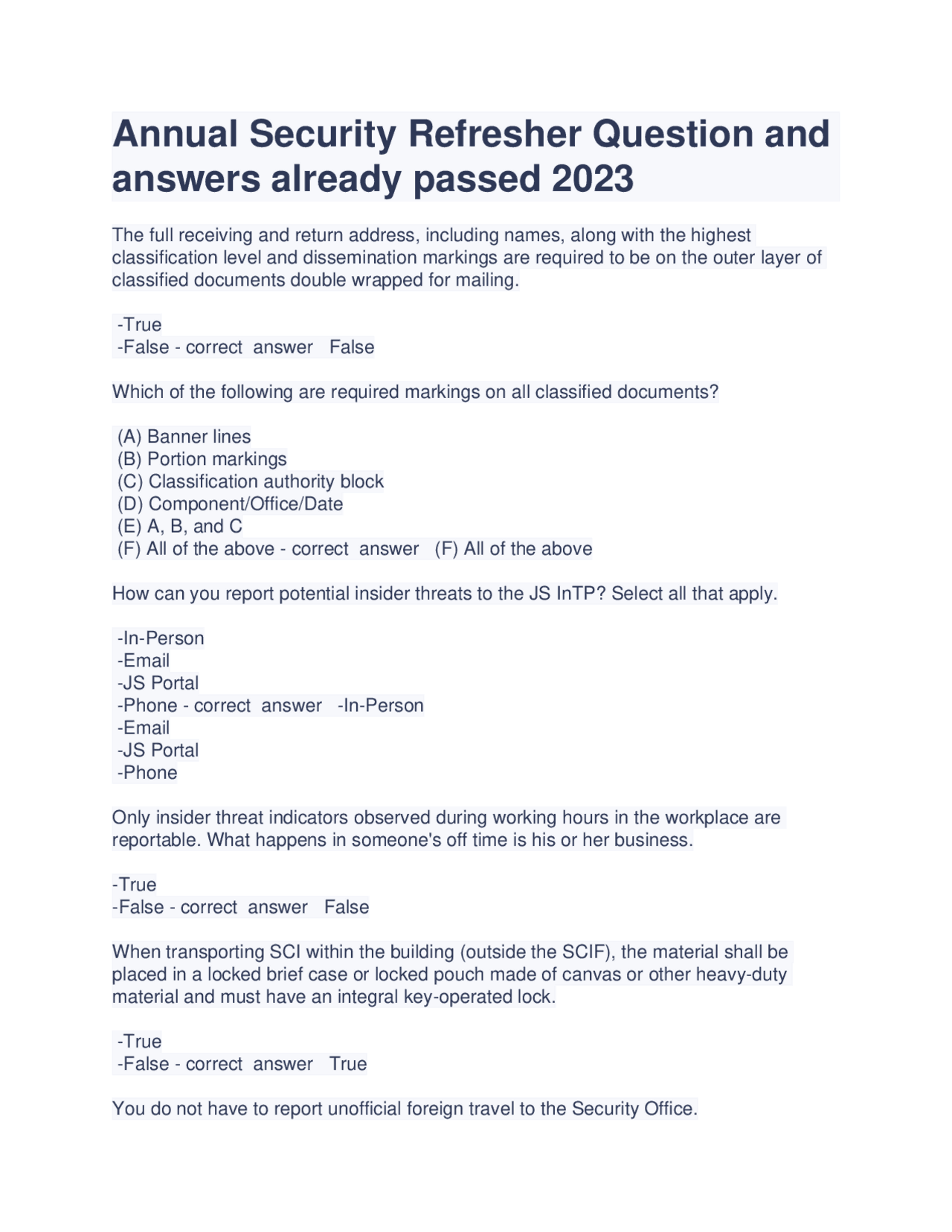 Annual Security Refresher (Question and answers)already passed 2026 ...