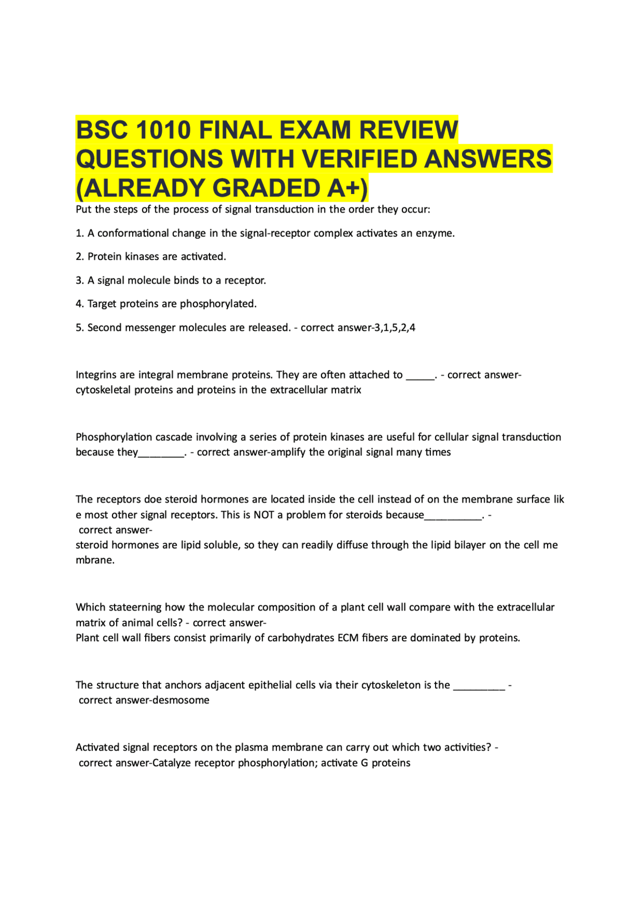 BSC 1010 Final Exam Review 2026 – Practice Questions with Verified ...