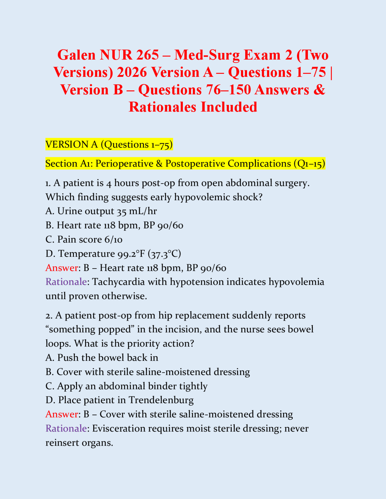 Galen NUR 265 – Med-Surg Exam 2 (Two Versions) 2026 Version A ...