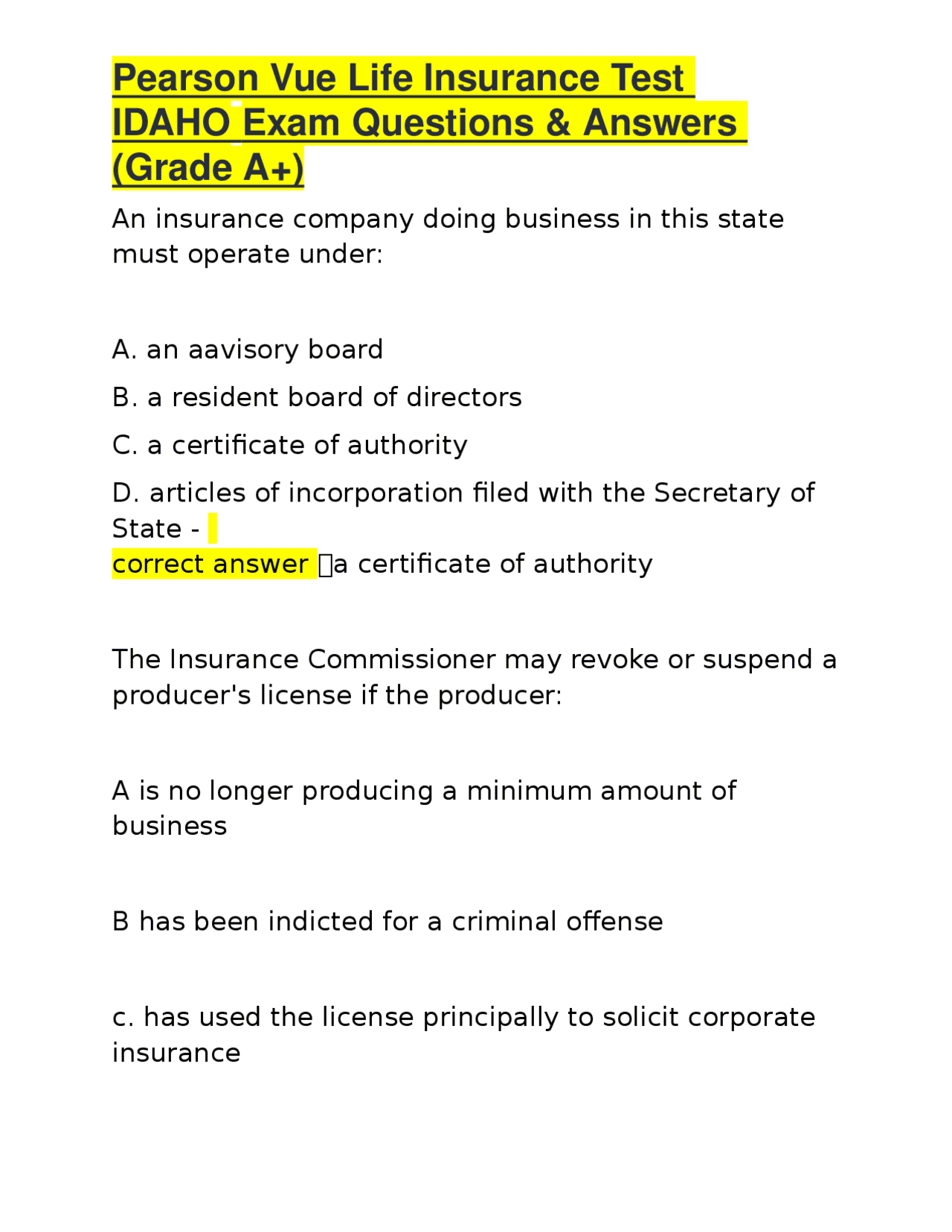 Pearson Vue Life Insurance Test IDAHO Exam Questions &amp; Answers (Grade A+) | Exams Insurance law ...