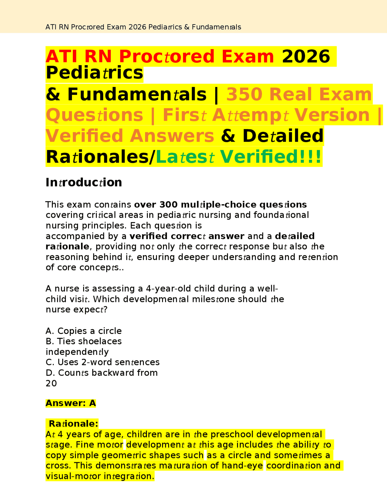 ATI RN Proctored Exam Pediatrics and Fundamentals 2026 – 350 Practice ...