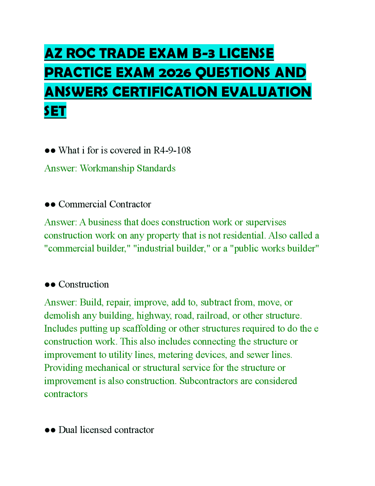 AZ ROC TRADE EXAM B-3 LICENSE PRACTICE EXAM 2026 QUESTIONS AND ANSWERS ...