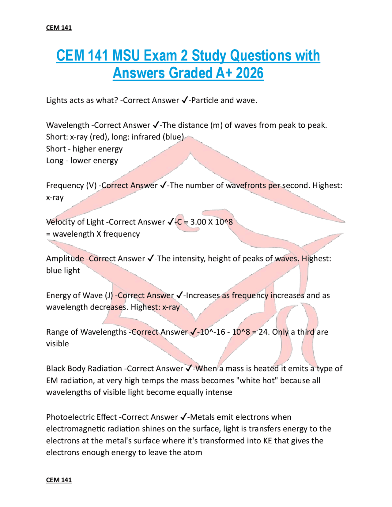CEM 141 MSU Exam 2 Study Questions with Answers Graded A+ 2026 | Exams ...