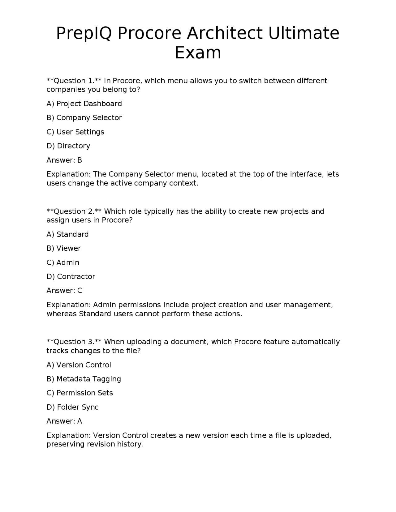 PrepIQ Procore Architect Ultimate Exam | Exams Technology | Docsity