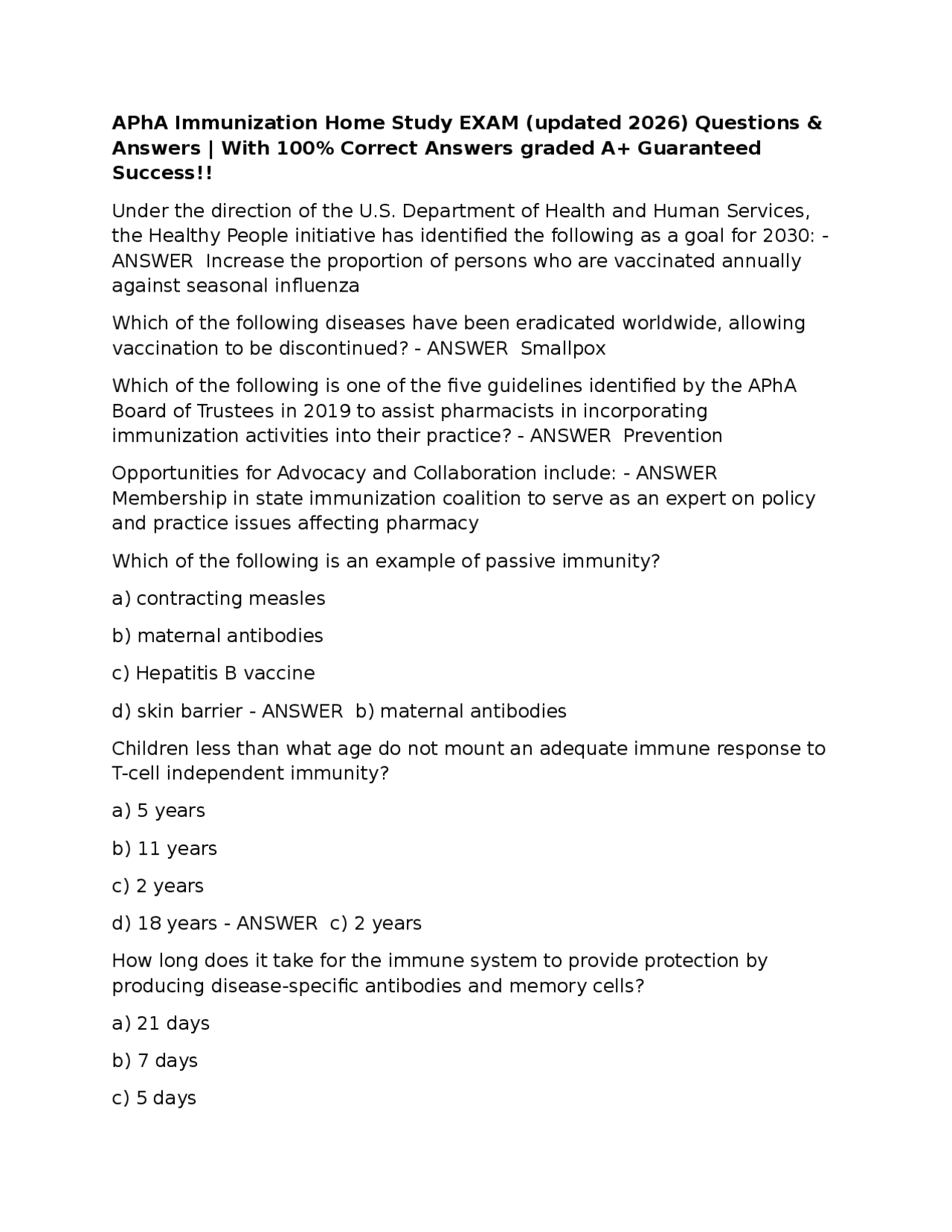 APhA Immunization Home Study EXAM (updated 2026) Questions & Answers ...