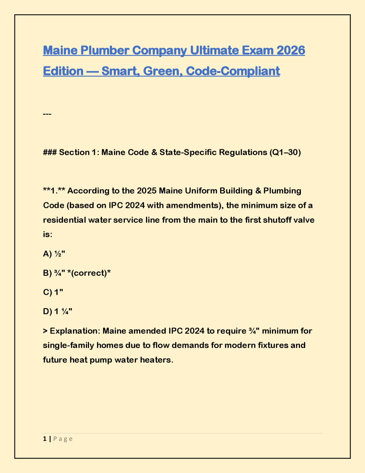 Maine Plumber Company Ultimate Exam 2026 Edition — Smart, Green, Code ...