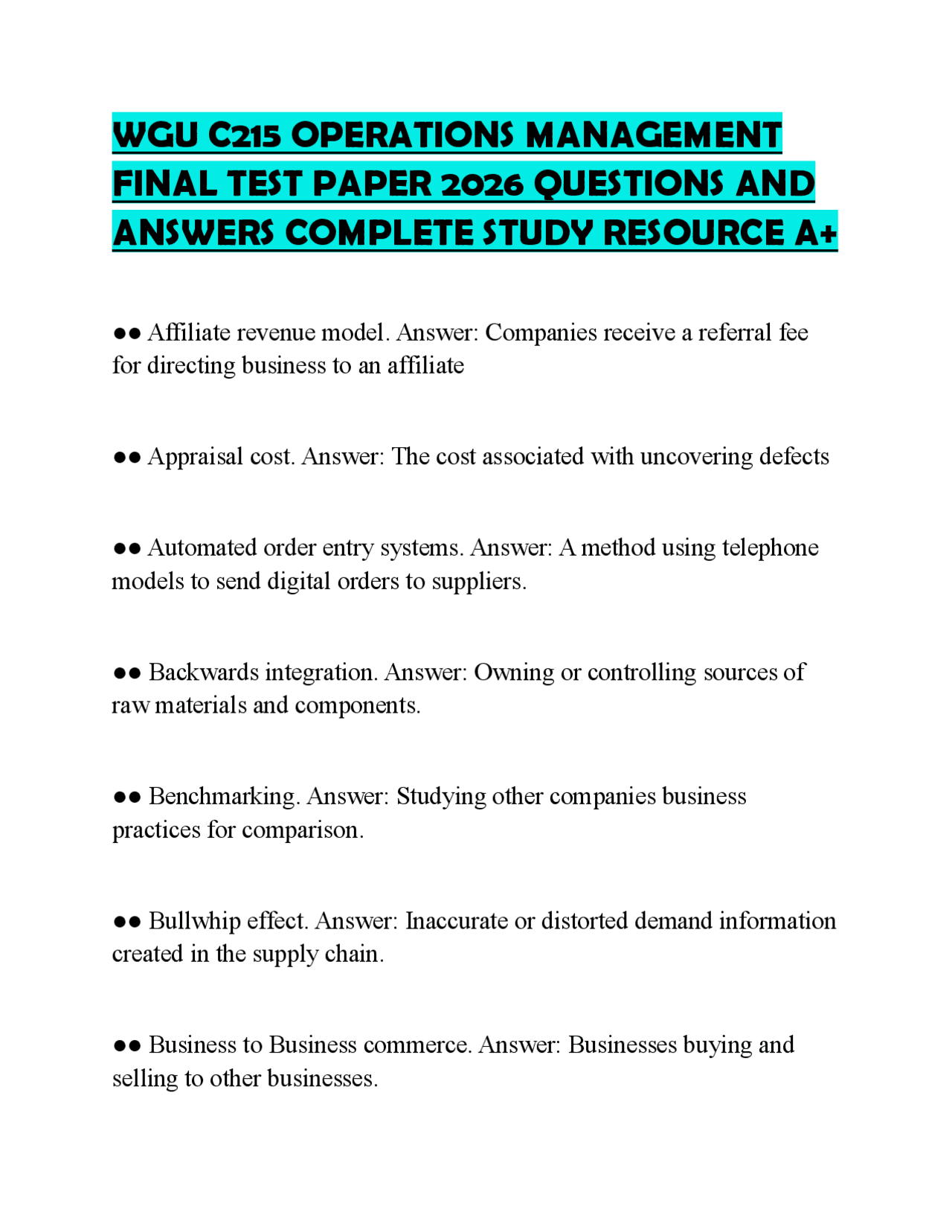 WGU C215 OPERATIONS MANAGEMENT FINAL TEST PAPER 2026 QUESTIONS AND ...