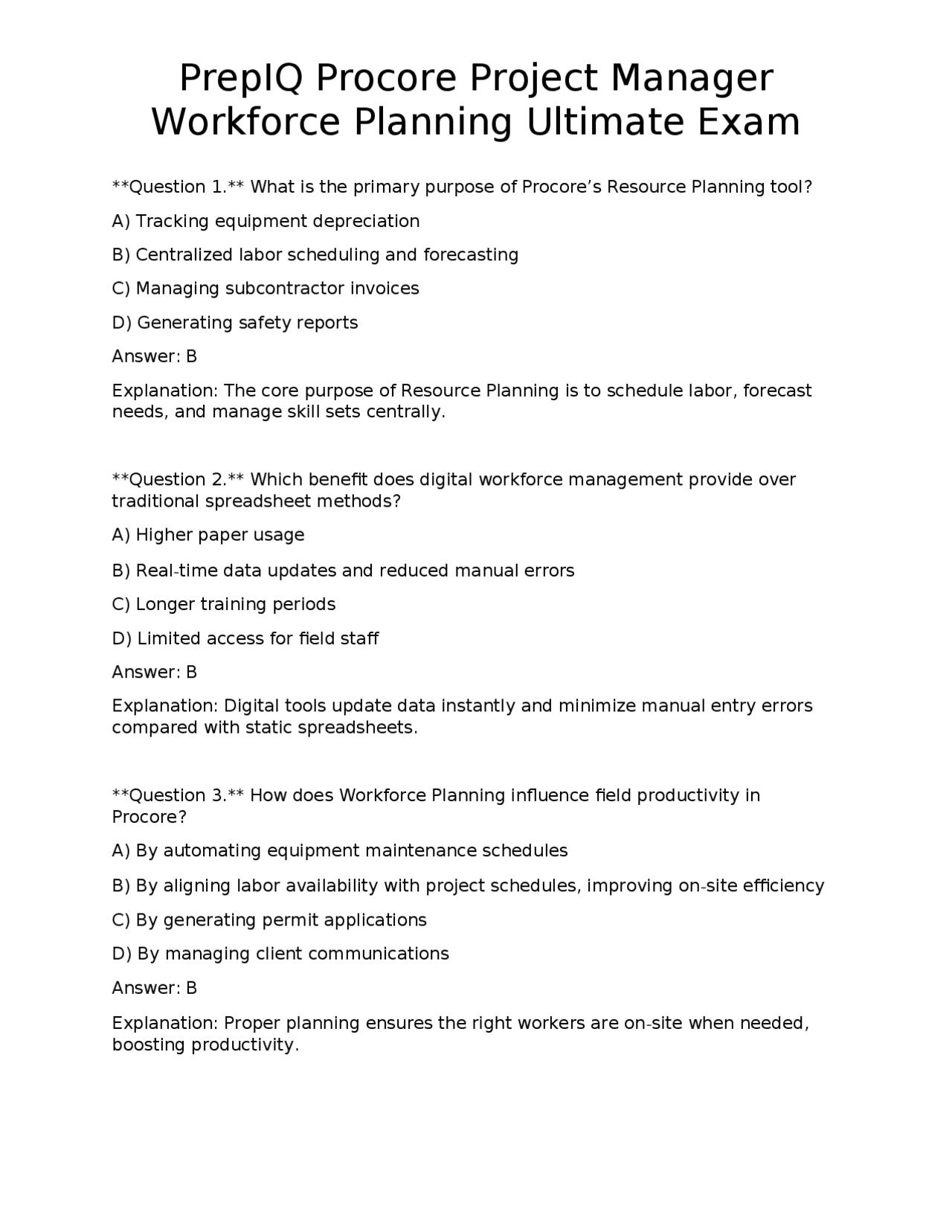 PrepIQ Procore Project Manager Workforce Planning Ultimate Exam | Exams ...