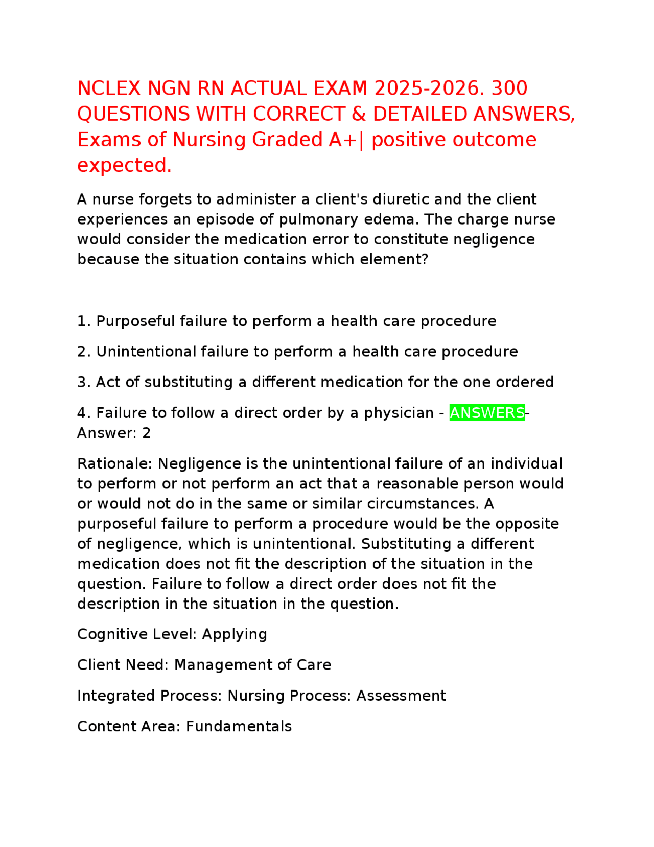 NCLEX NGN RN ACTUAL EXAM 2025-2026. 300 QUESTIONS WITH CORRECT ...