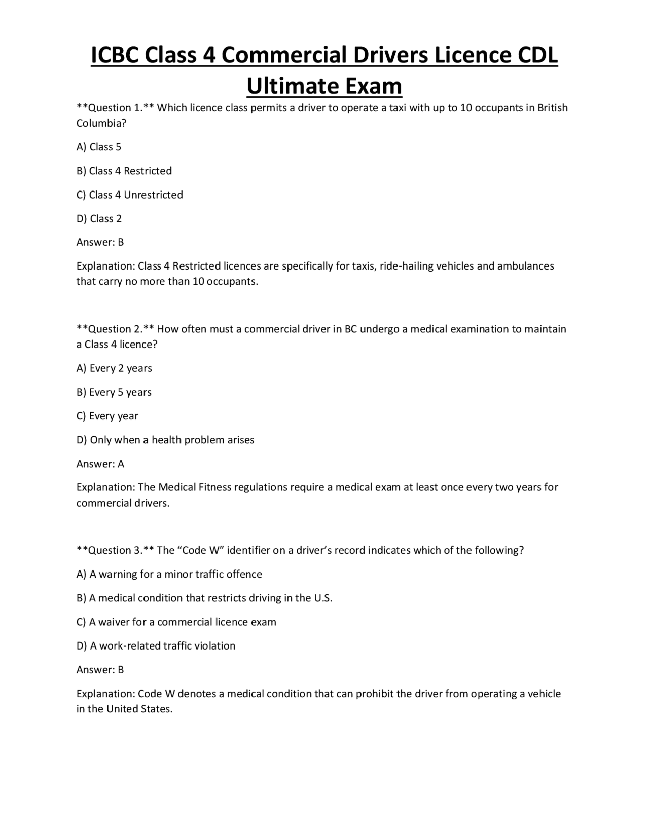 ICBC Class 4 Commercial Drivers Licence CDL Ultimate Exam | Exams ...