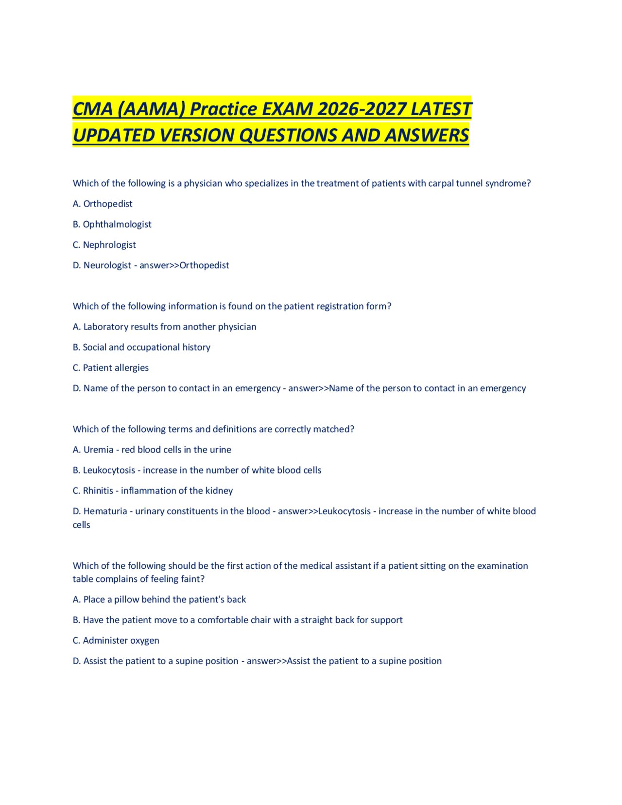 CMA (AAMA) Practice EXAM 2026-2027 LATEST UPDATED VERSION QUESTIONS AND ...