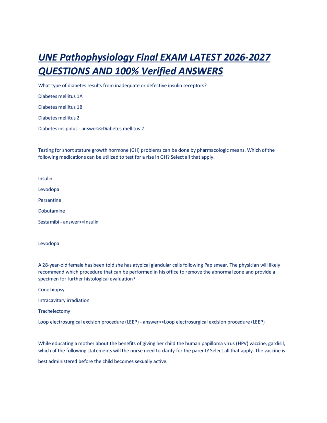 UNE Pathophysiology Final EXAM LATEST 2026-2027 QUESTIONS AND 100% ...