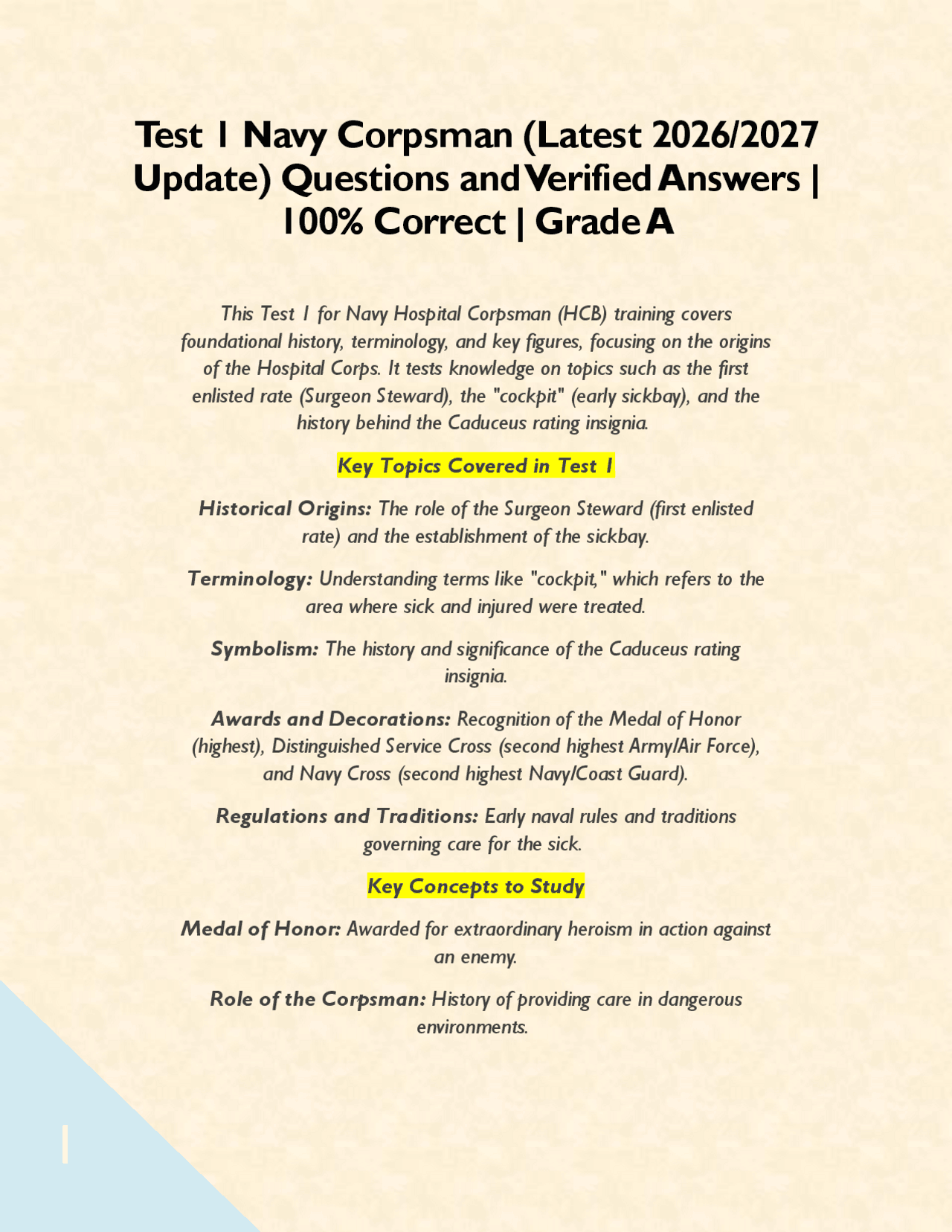 Test 1 Navy Corpsman (Latest 2026/2027 Update) Questions and Verified ...