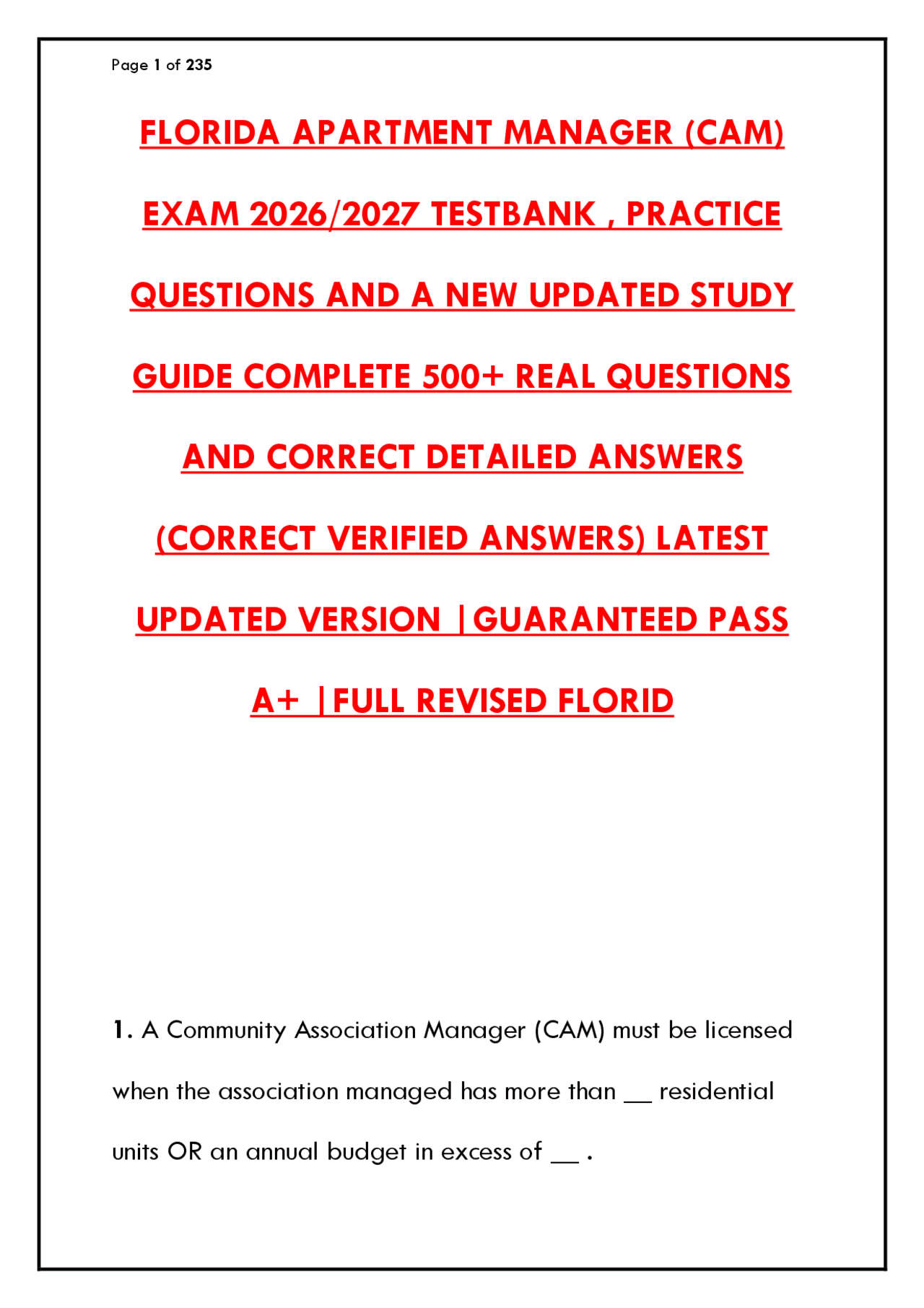 FLORIDA CAM EXAM PREP 2026 – 300 REAL PRACTICE QUESTIONS, ANSWERS ...