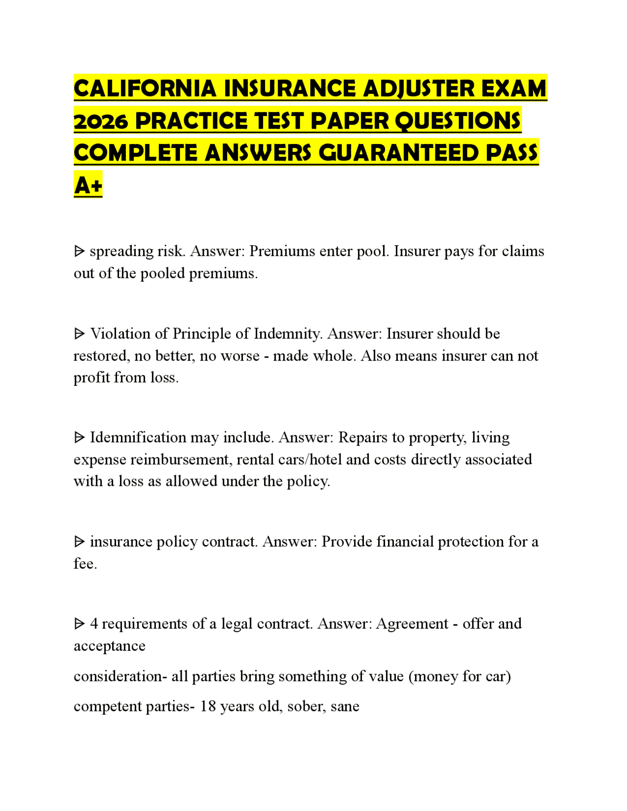 CALIFORNIA INSURANCE ADJUSTER EXAM 2026 PRACTICE TEST PAPER QUESTIONS COMPLETE ANSWERS GUA ...