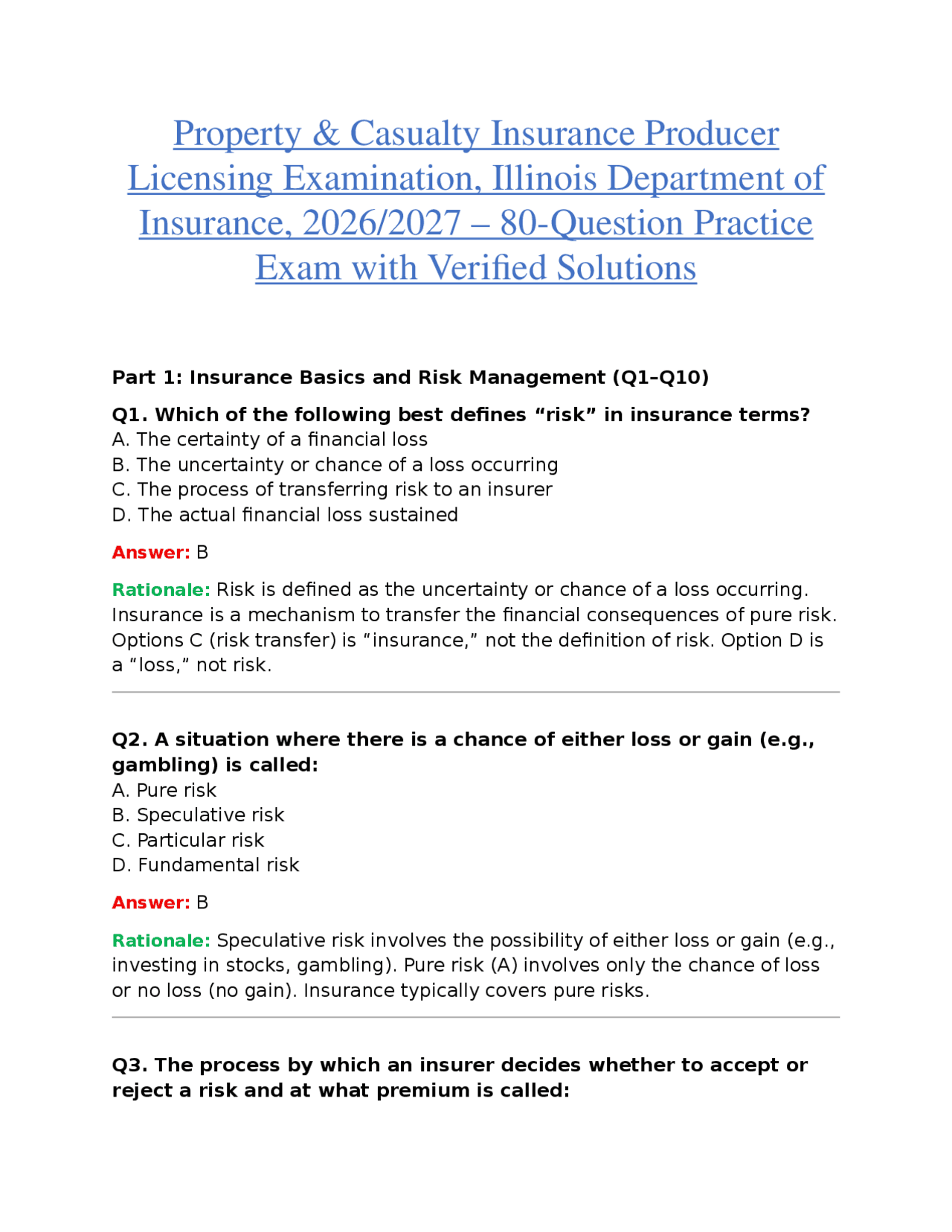 PROPERTY & CASUALTY INSURANCE PRODUCER LICENSING EXAMINATION, ILLINOIS ...