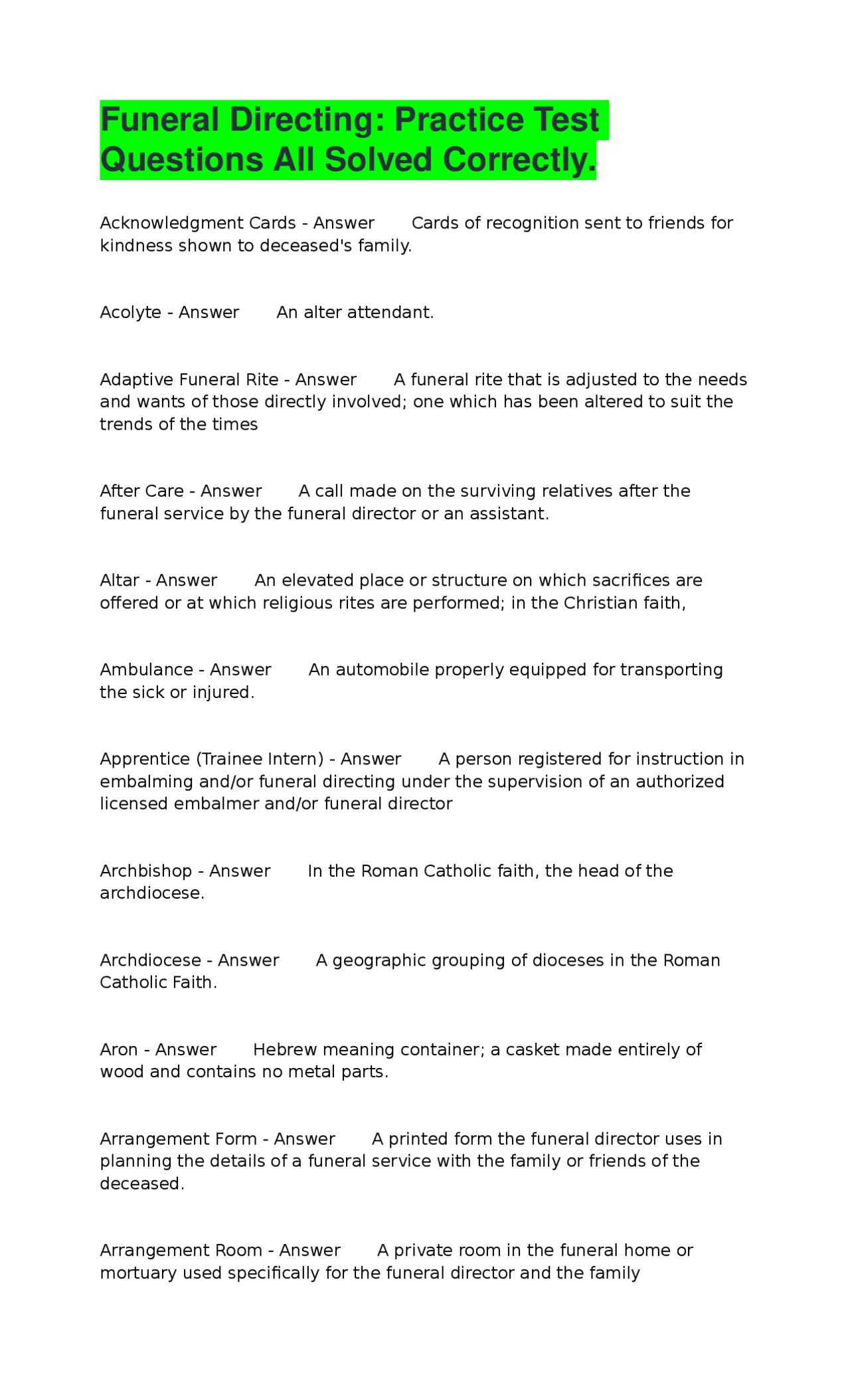 Directing Questions Funeral Directing: Practice Test Questions All Solved Correctly ...