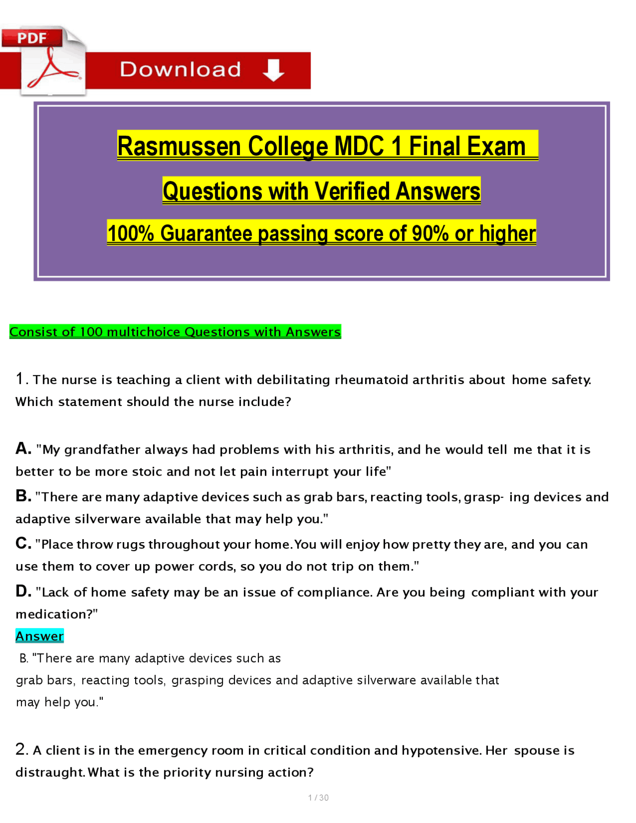 MDC 1 Final Exam (PDF) | (2026/2027) Nursing Questions & Answers ...