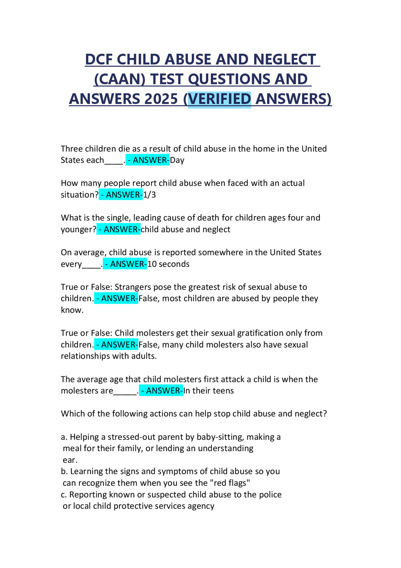DCF CHILD ABUSE AND NEGLECT (CAAN) TEST QUESTIONS AND ANSWERS 2025-2025 ...