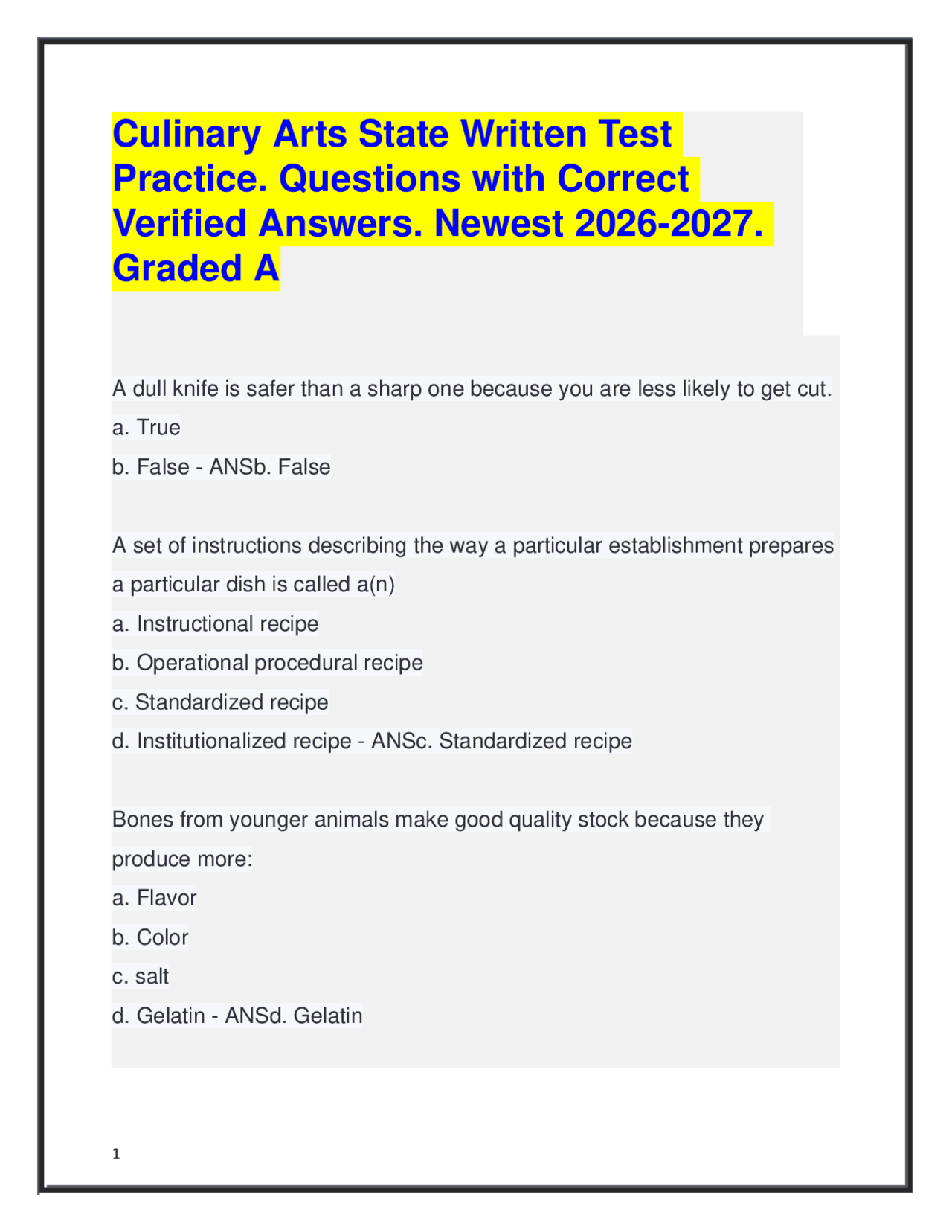 Culinary Arts State Written Test Practice. Questions with Answers 2026-2027. Graded A | Exams ...