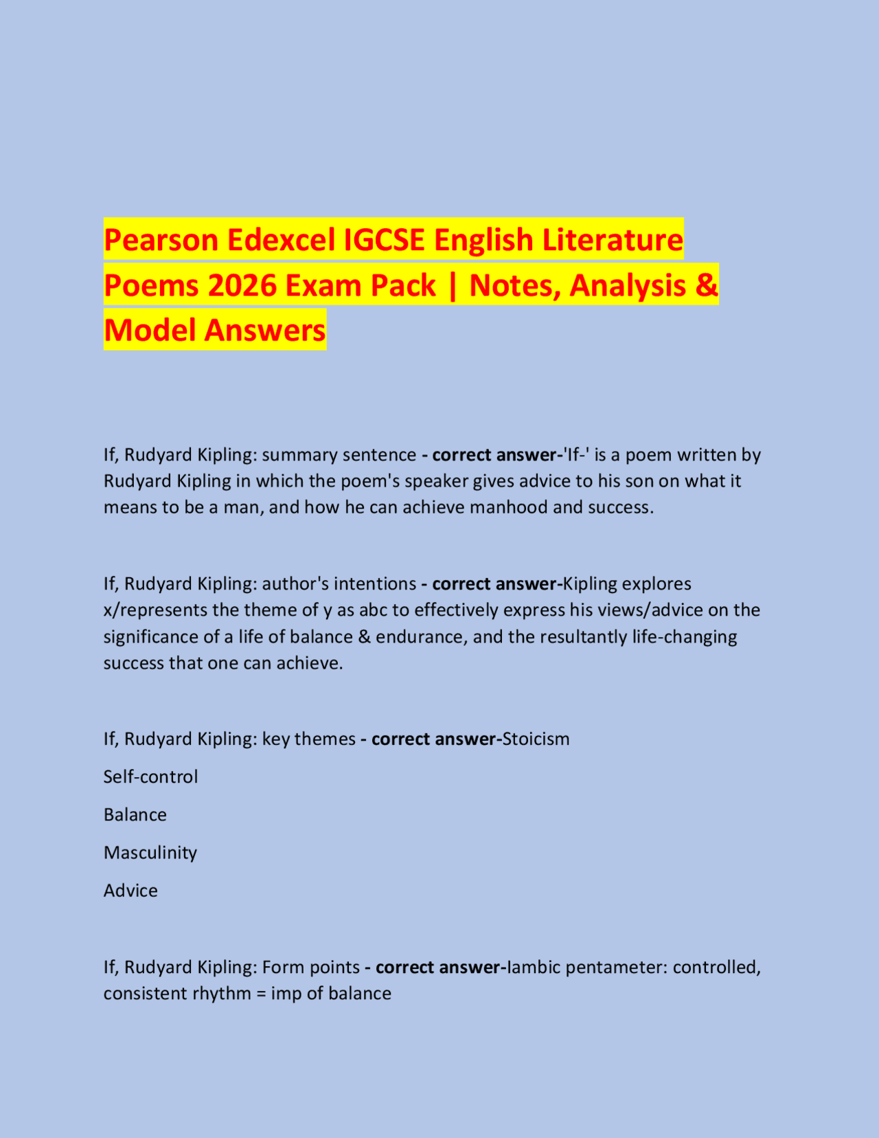 Pearson Edexcel IGCSE English Literature Poems 2026 Exam Pack | Notes ...