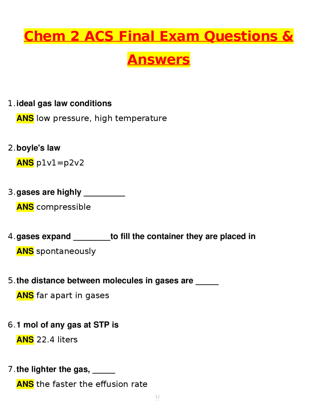 ACS Chemistry 2 Final Exam Latest 2026 Actual Questions and Verified ...