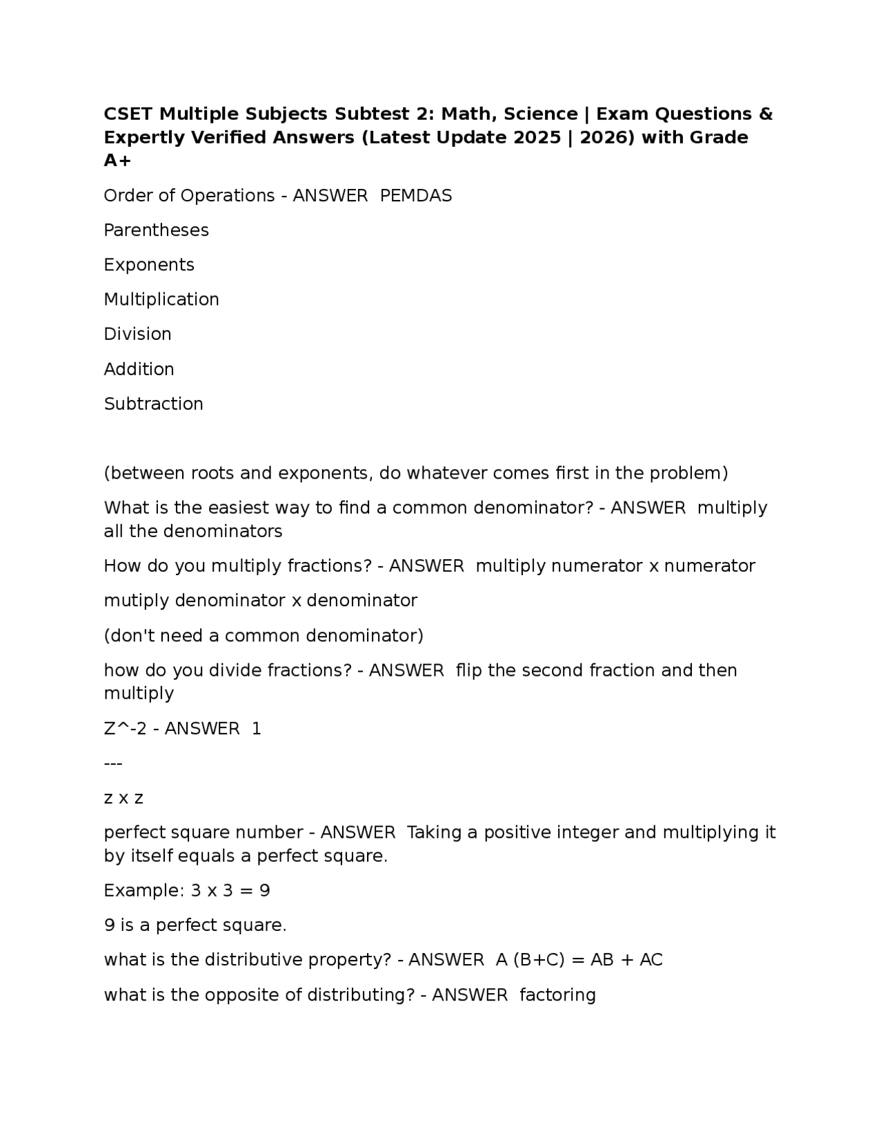 CSET Multiple Subjects Subtest 2: Math, Science | Exam Questions ...