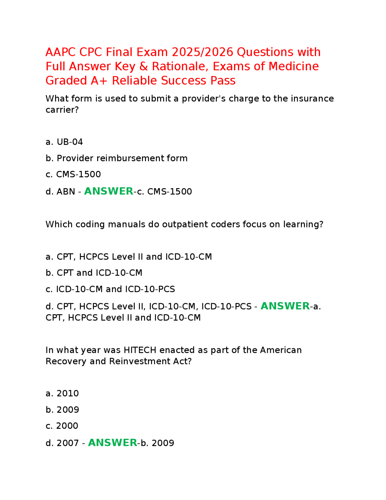 AAPC CPC Final Exam 2025/2026 Questions with Full Answer Key ...