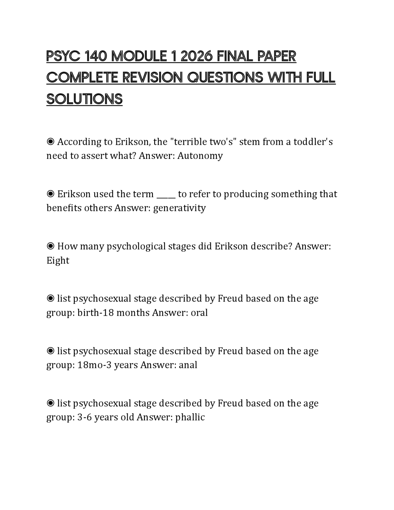 PSYC 140 MODULE 1 2026 FINAL PAPER COMPLETE REVISION QUESTIONS WITH ...