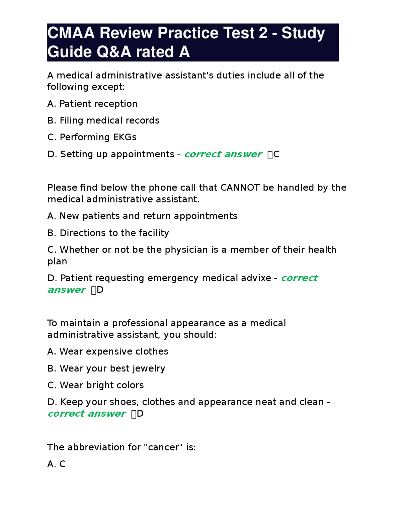 CMAA Review Practice Test 2 - Study Guide Q&A rated A | Exams Medicine ...