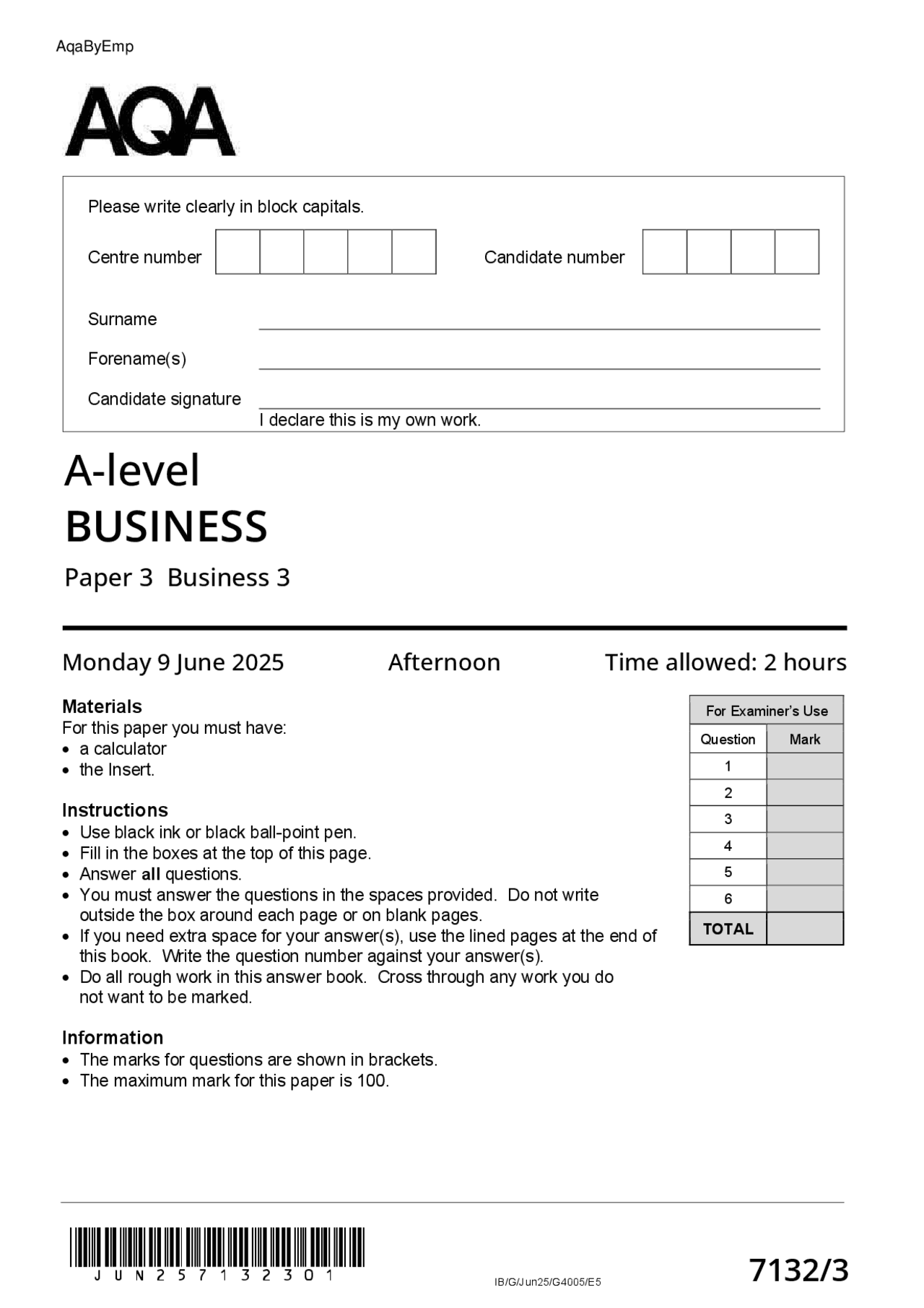 2025 AQA A Level Business Paper 3 Business 3 Verified Exam&MarkScheme ...