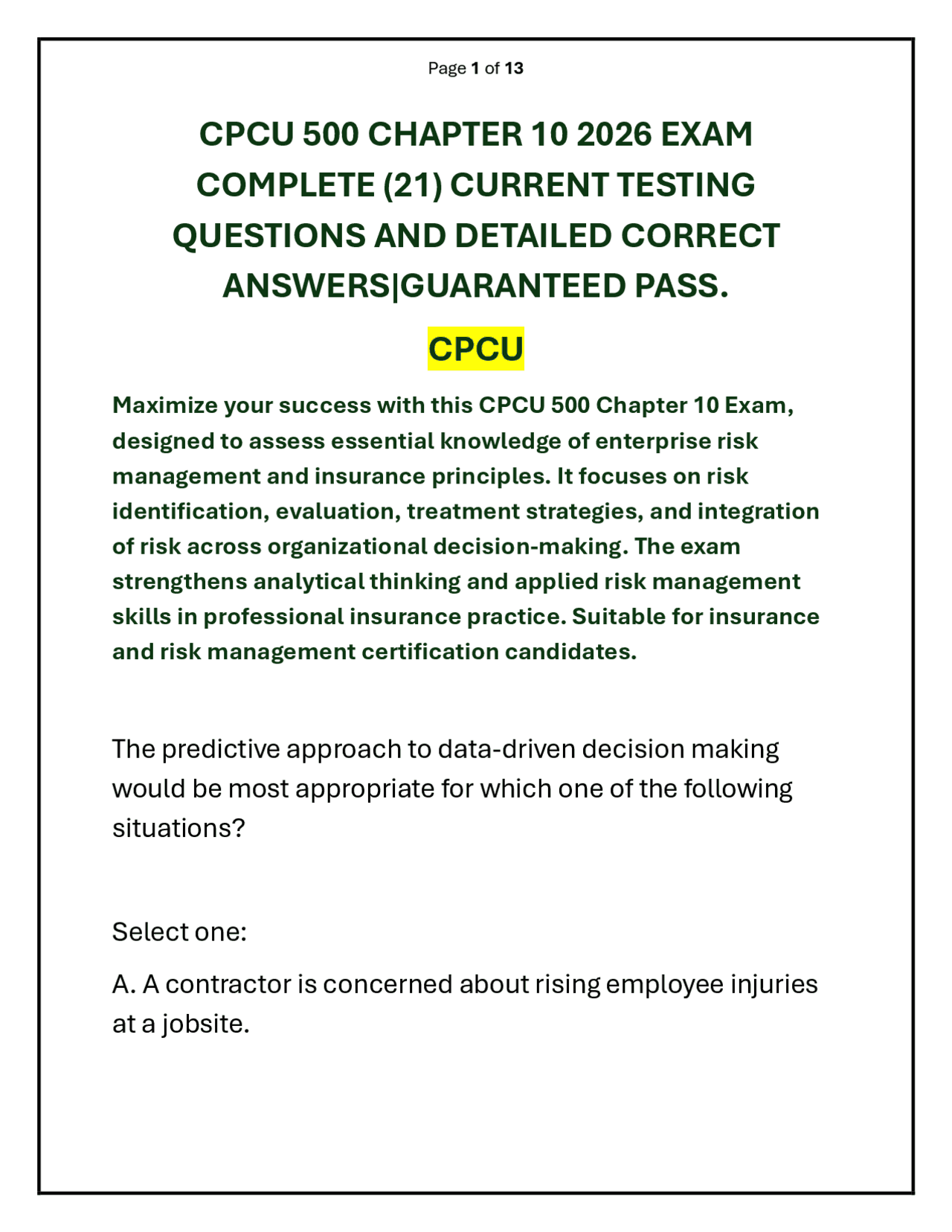 CPCU 500 CHAPTER 10 2026 EXAM COMPLETE (21) CURRENT TESTING QUESTIONS AND DETAILED CORRE | Exams ...