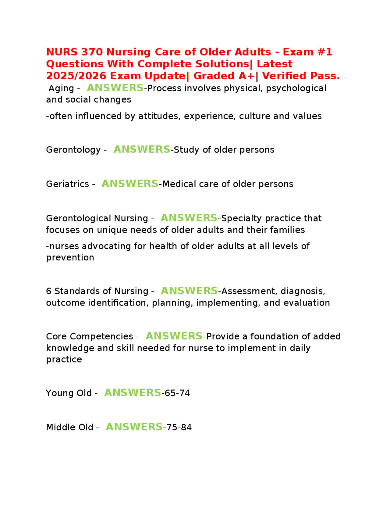 NURS 370 Nursing Care of Older Adults - Exam #1 Questions With Complete ...