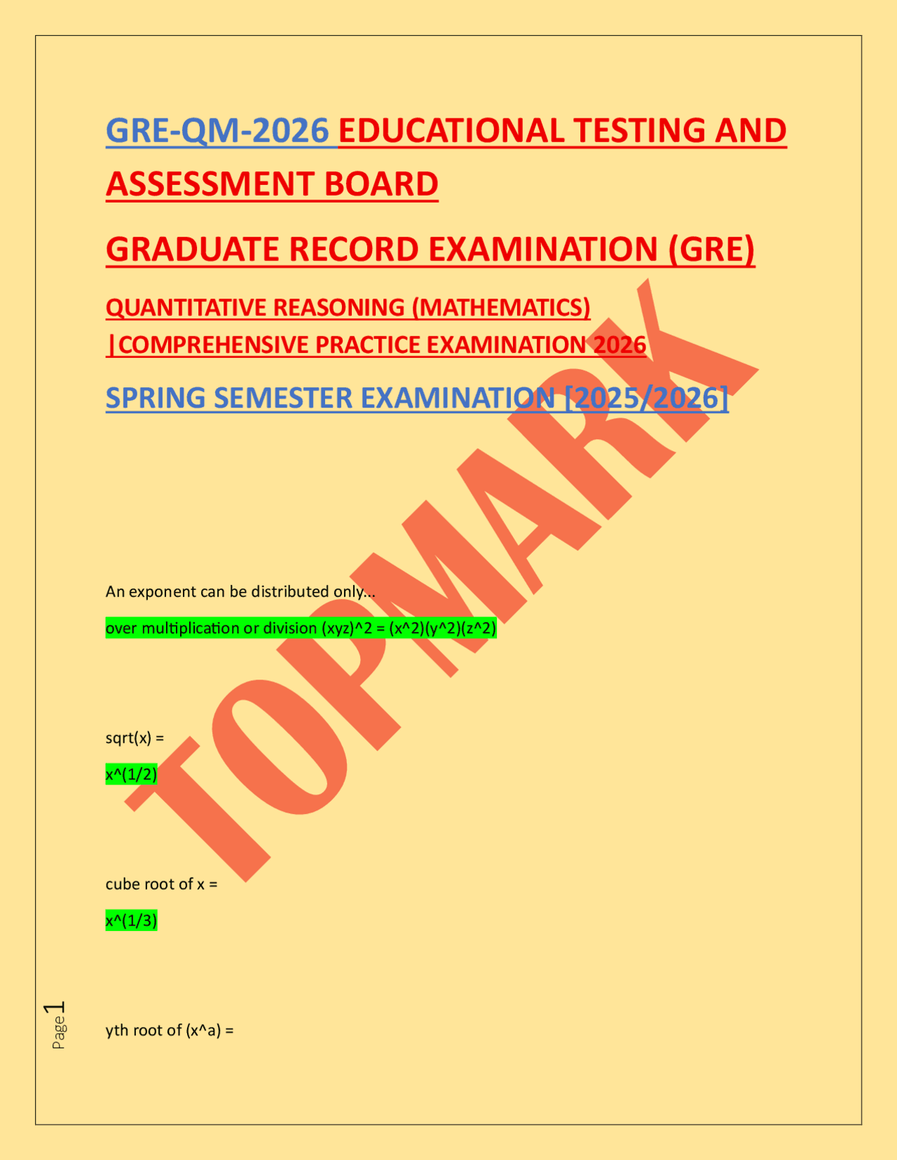 Gre Documents GRE-QM-2026 EDUCATIONAL TESTING AND ASSESSMENT BOARD GRADUATE RECORD ...