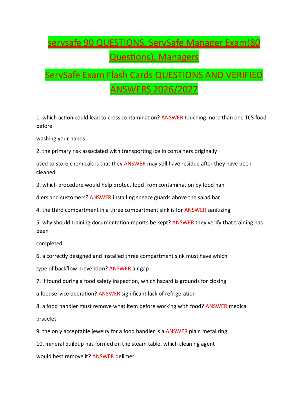 ServSafe Manager Practice Test – 90 Questions with Answers (2026 Revision) | Exams Food Science ...