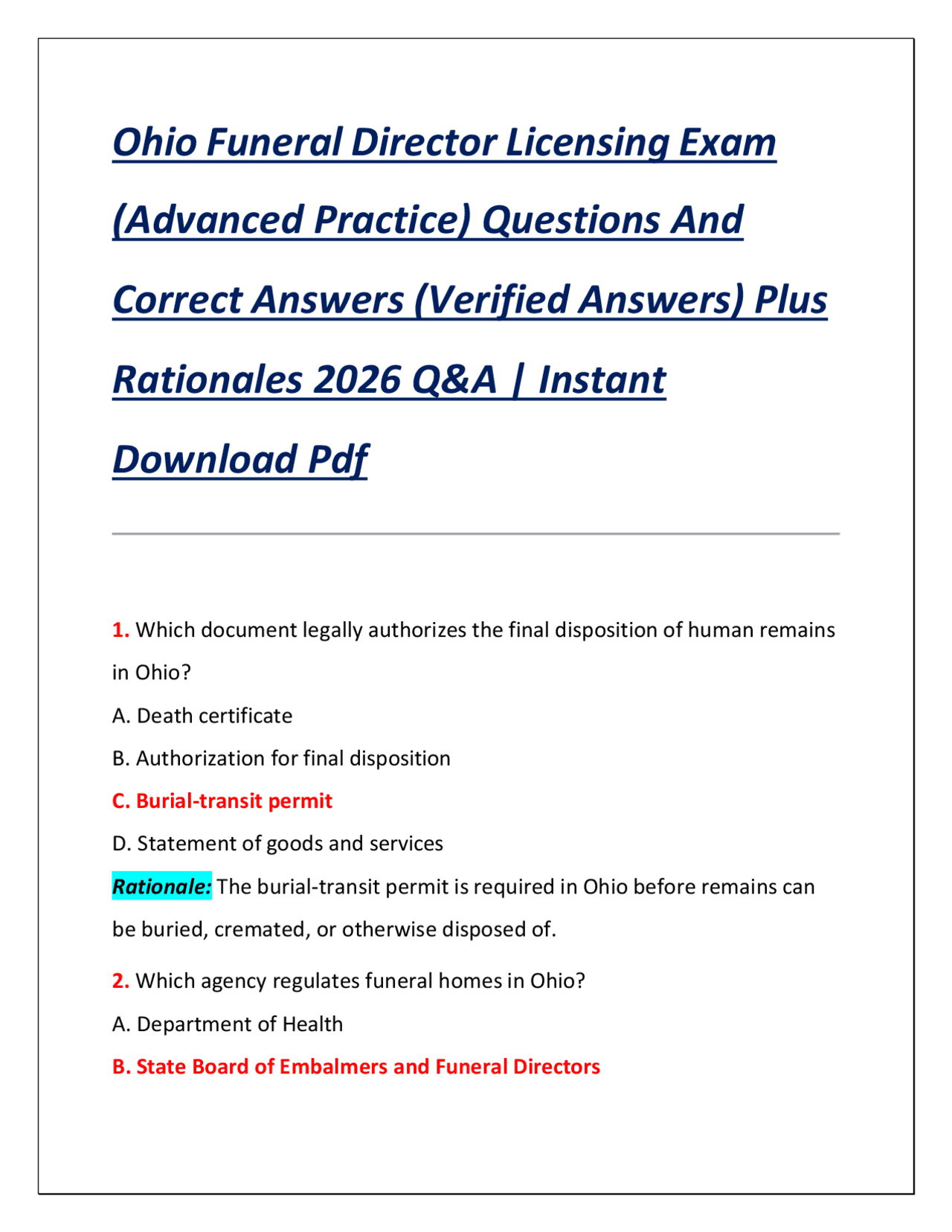 Ohio Funeral Director Licensing Exam – Practice Questions and Correct ...