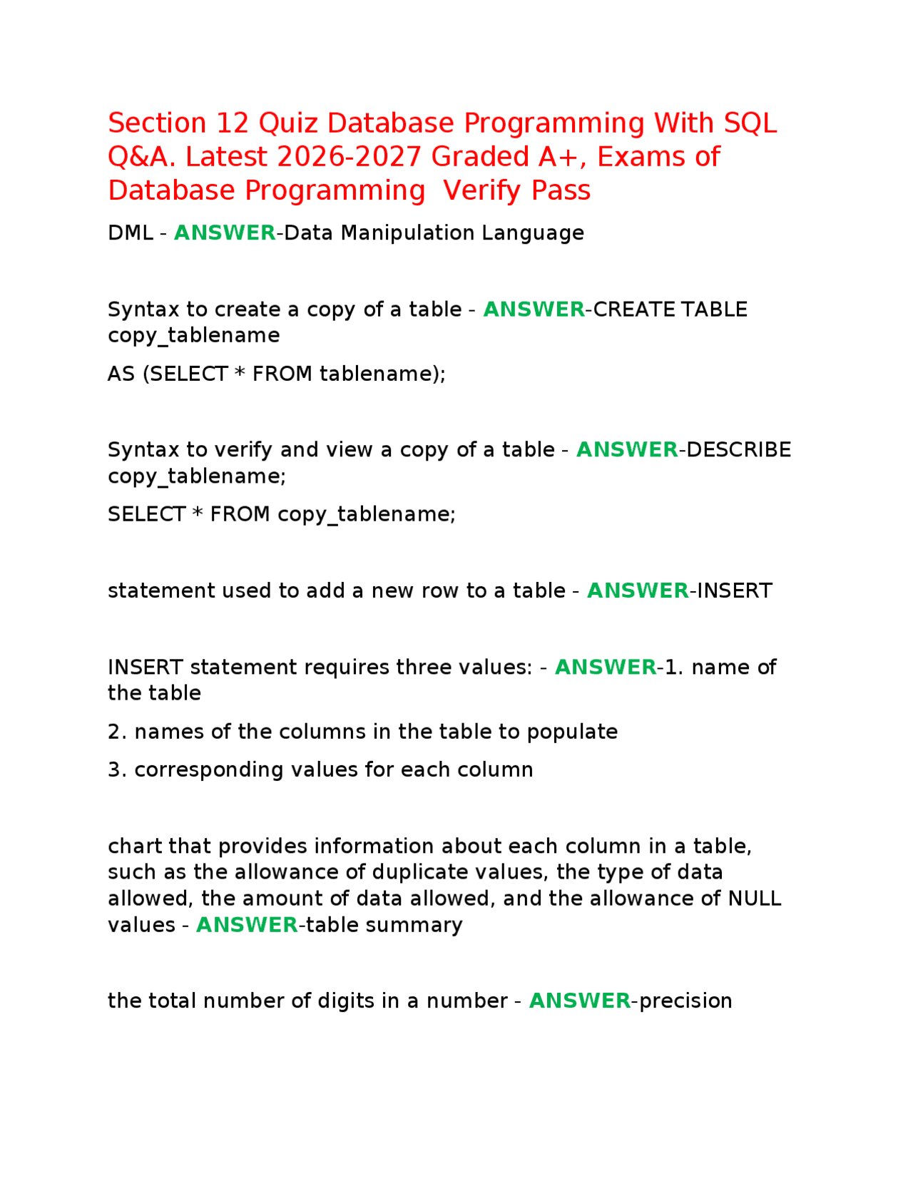 Section 12 Quiz Database Programming With SQL Q&A. Latest 2026-2027 ...