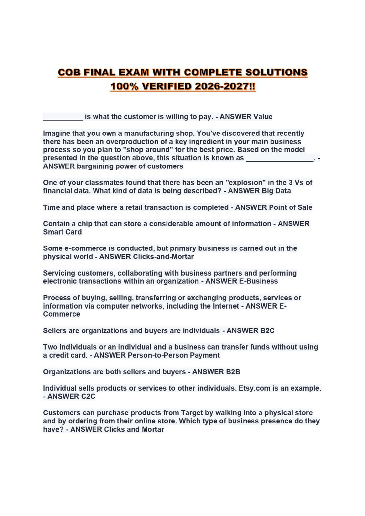 COB FINAL EXAM WITH COMPLETE SOLUTIONS 100% VERIFIED 2026-2027 ...