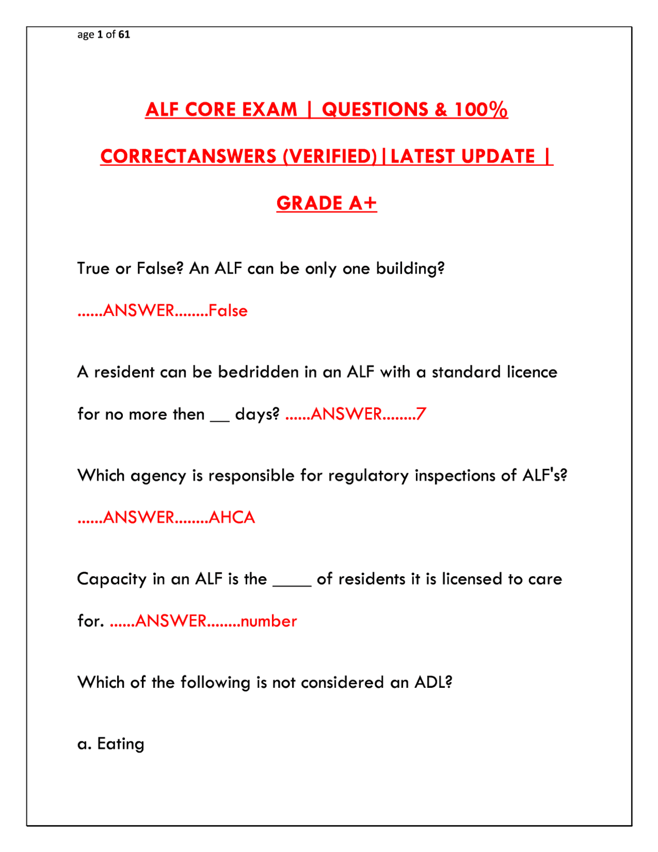 FLORIDA ALF CORE TRAINING EXAM STUDY GUIDE 2025/2026 – PRACTICE TEST ...