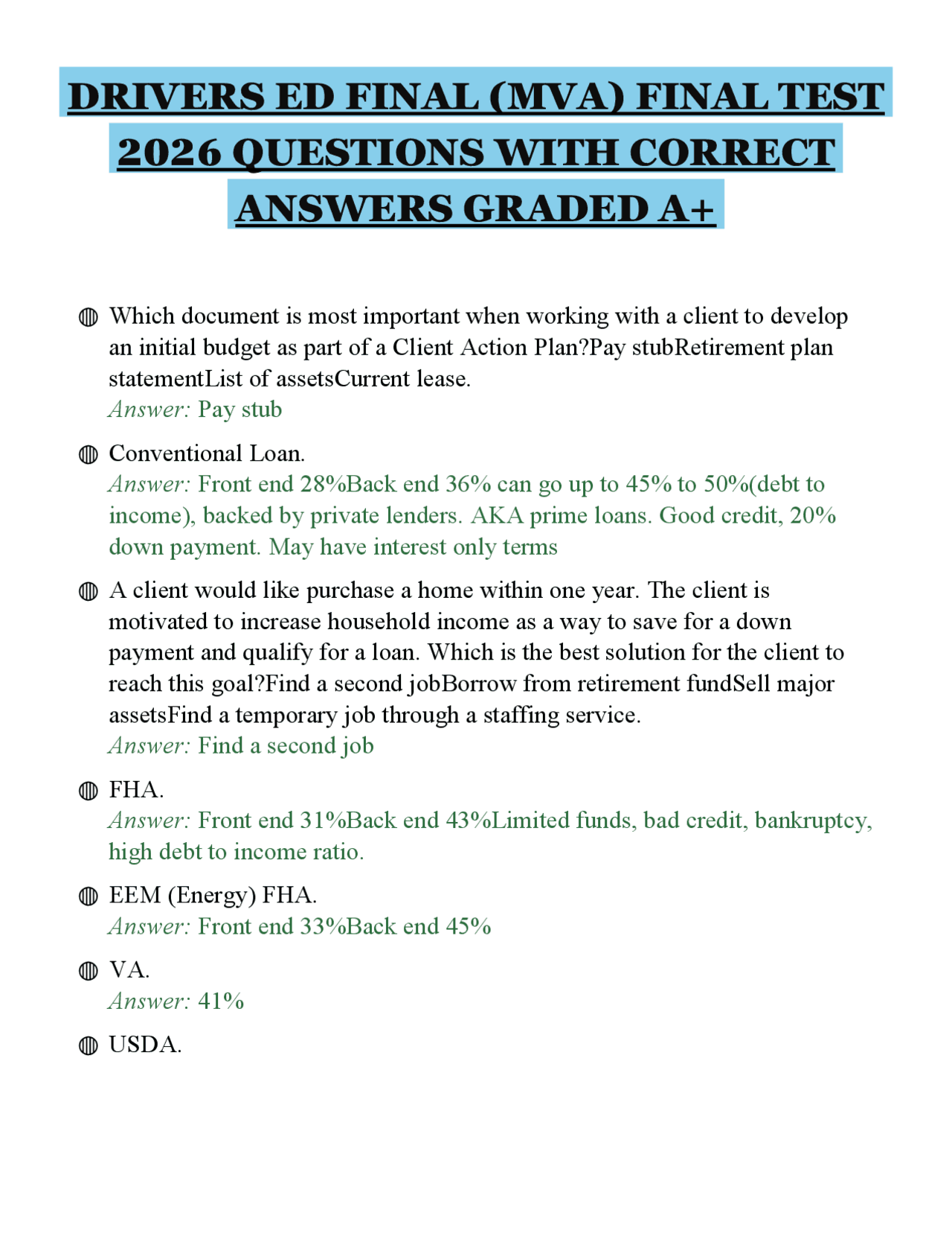 DRIVERS ED FINAL (MVA) FINAL TEST 2026 QUESTIONS WITH CORRECT ANSWERS ...