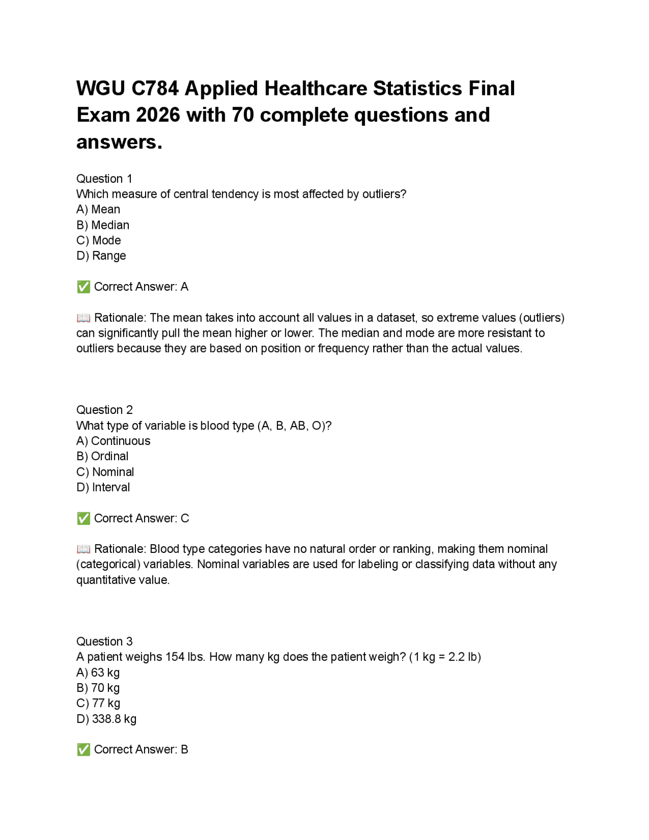 WGU C784 Applied Healthcare Statistics Final Exam 2026 with 70 complete ...