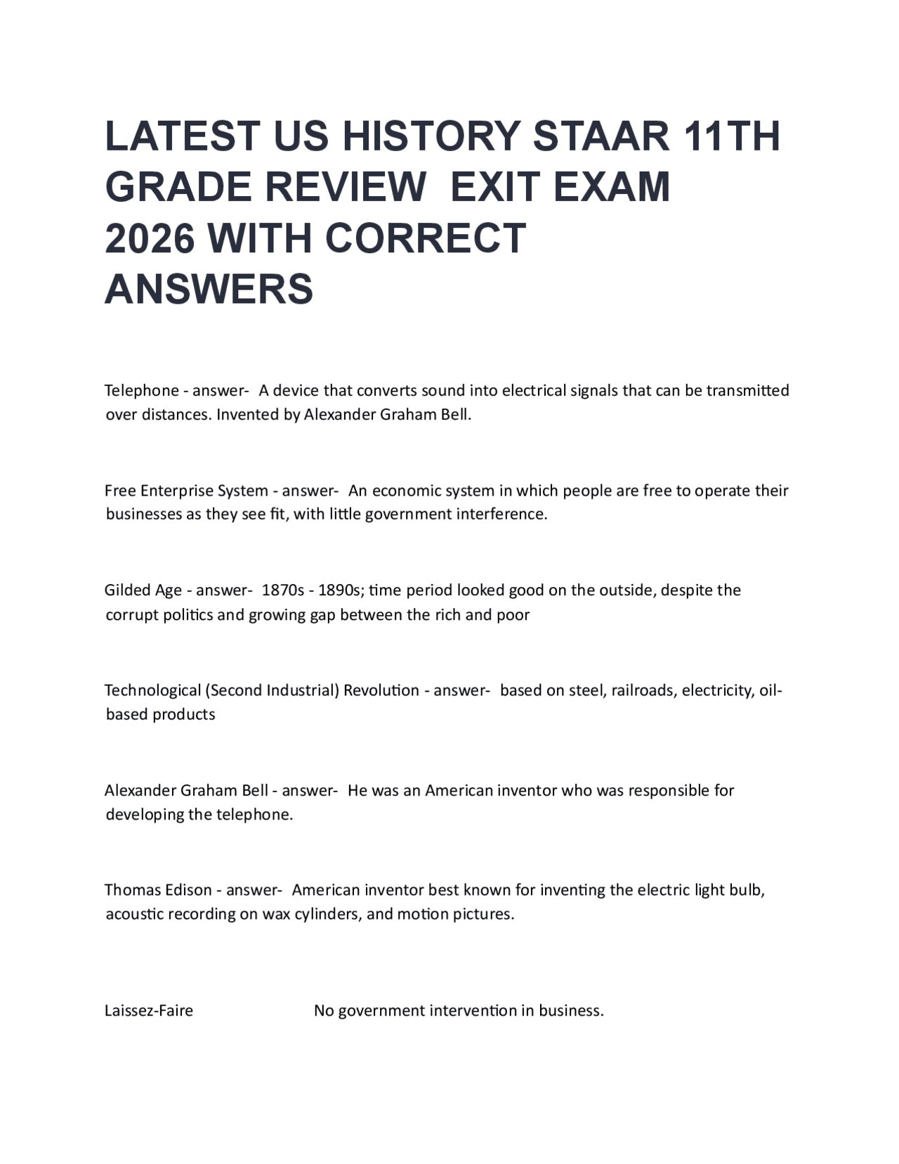 LATEST US HISTORY STAAR 11TH GRADE REVIEW EXIT EXAM 2026 WITH CORRECT ...