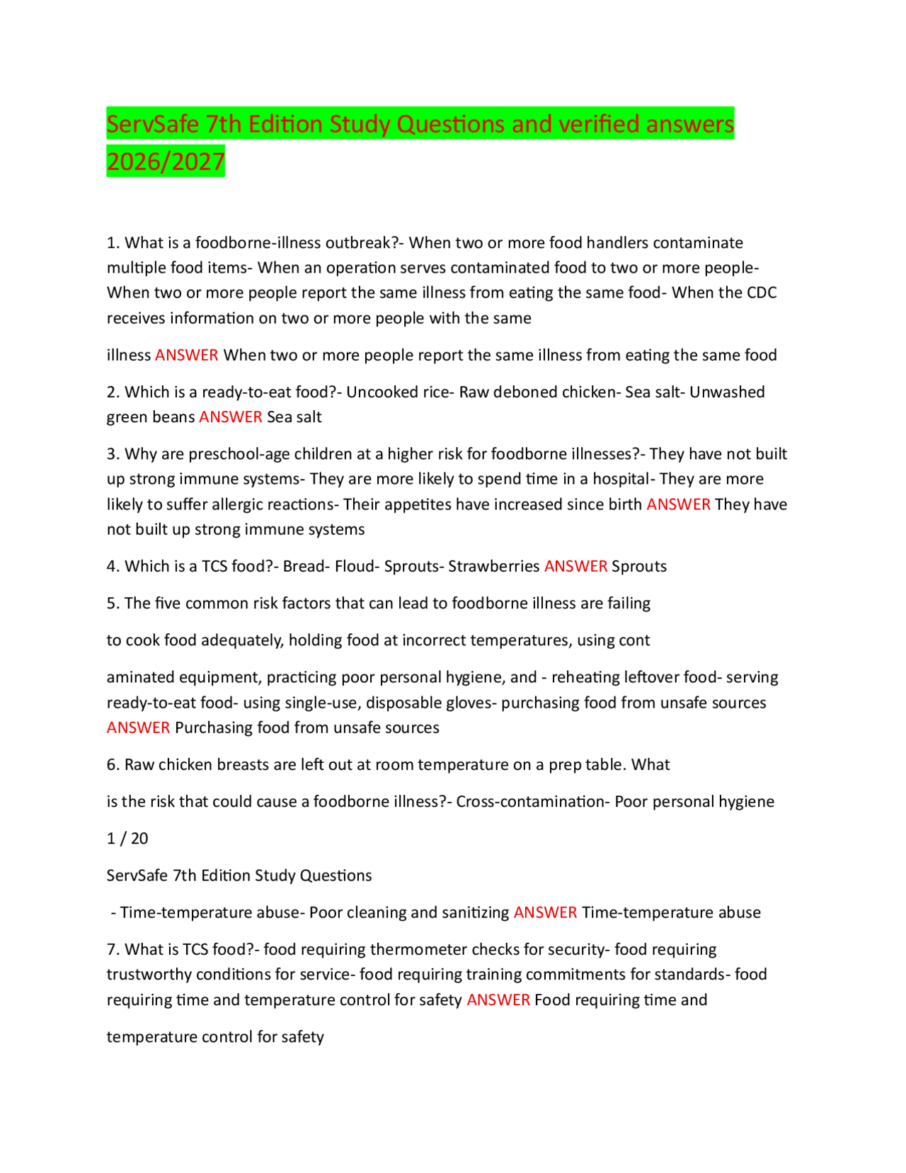 ServSafe 7th Edition Study Questions with Verified Answers (2026 ...