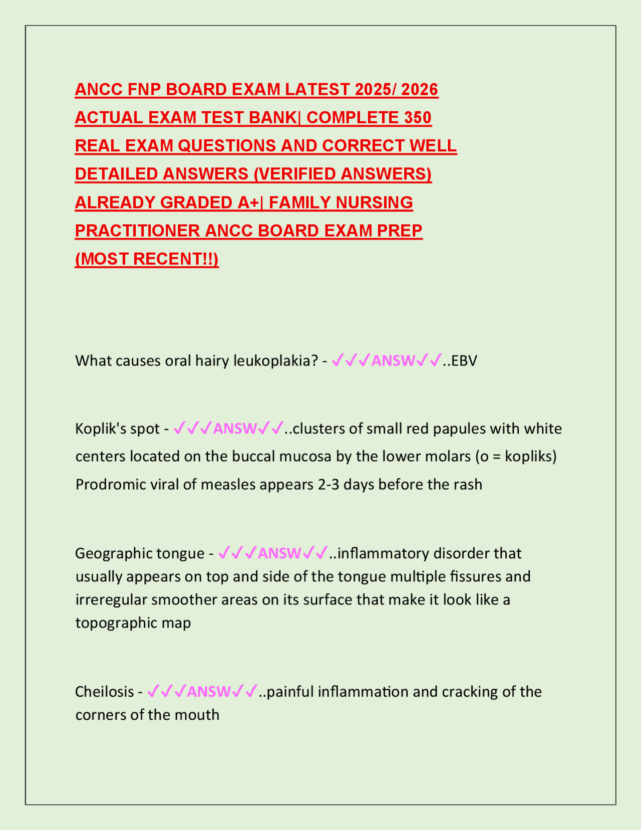 ANCC FNP BOARD EXAM LATEST 2025/ 2026 ACTUAL EXAM TEST BANK| COMPLETE ...